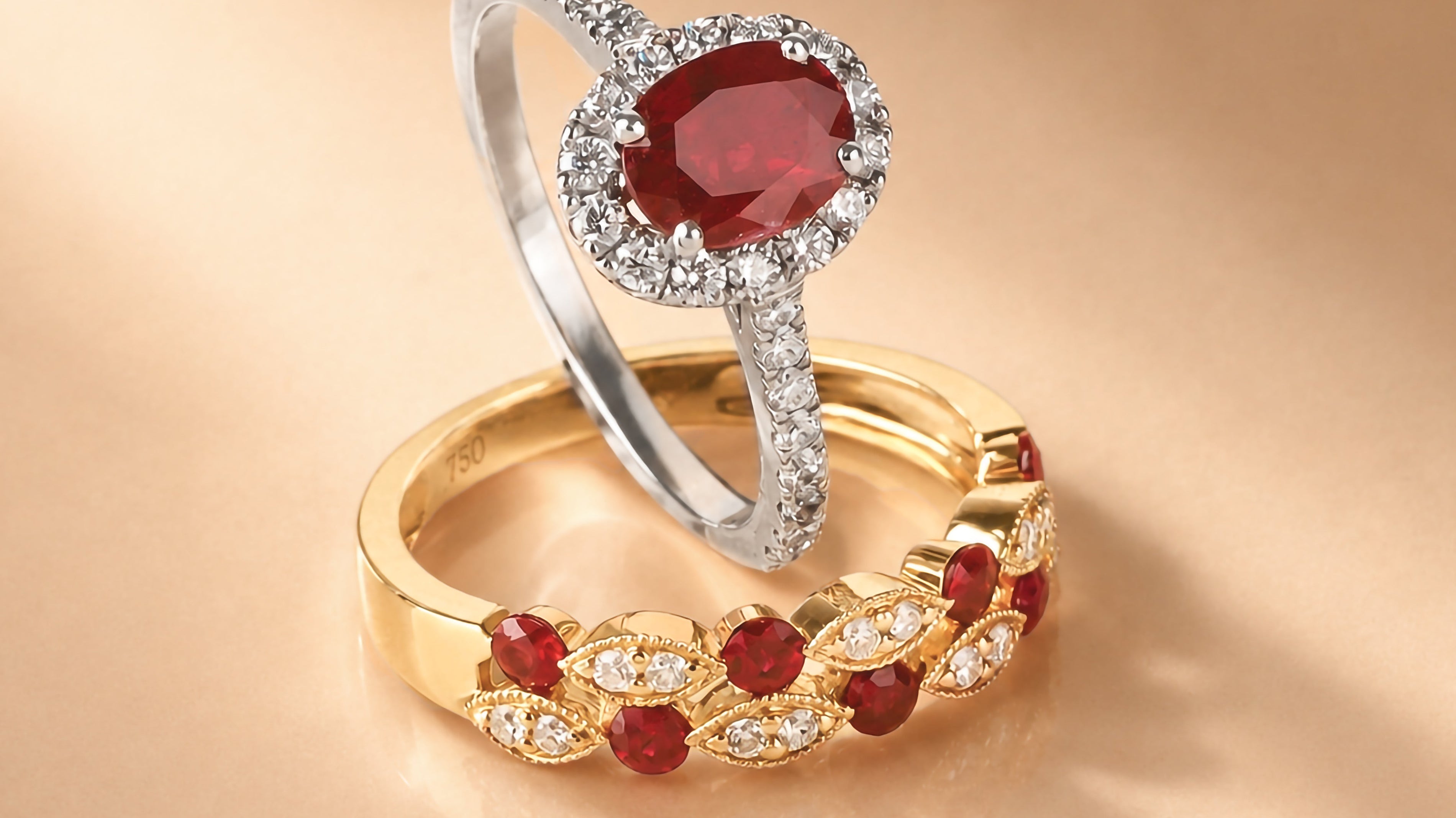 Ruby and diamond halo ring and ruby and diamond double band ring