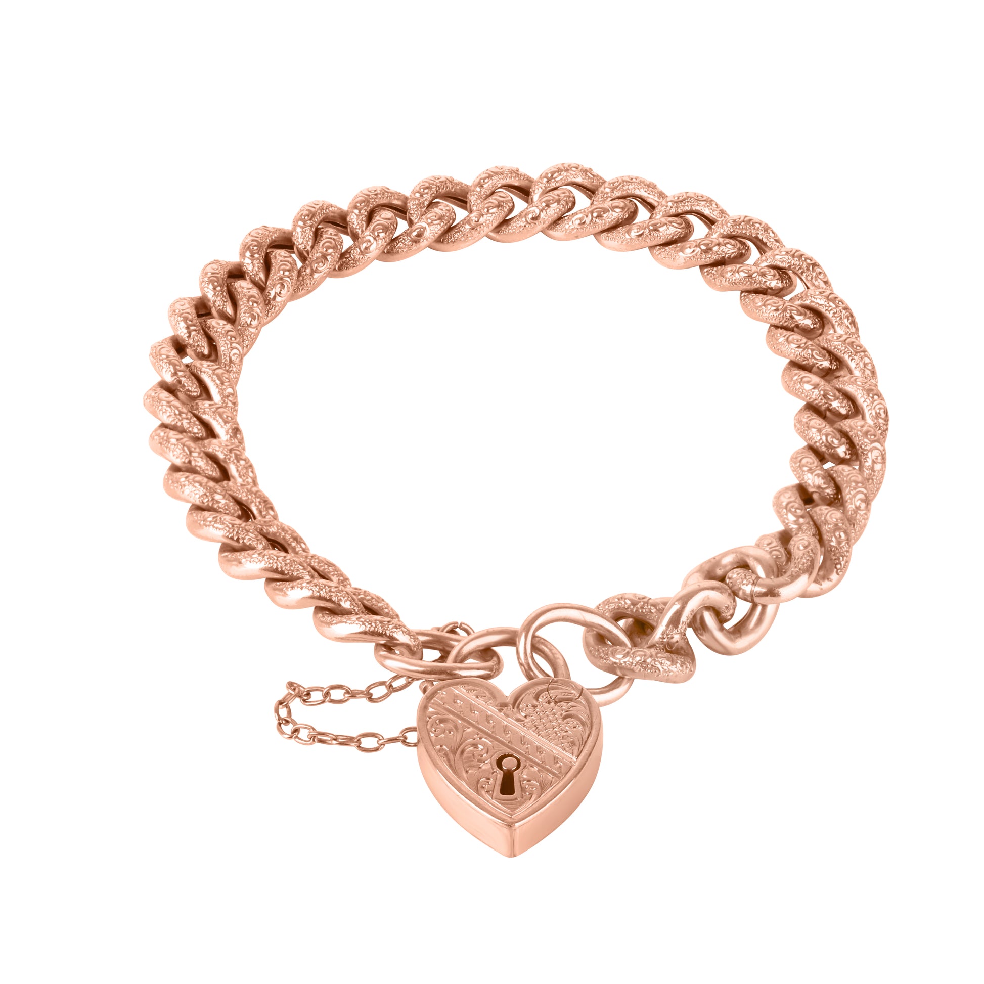 9ct Rose Gold Engraved Curb Link Pre Owned Bracelet with Heart Padlock