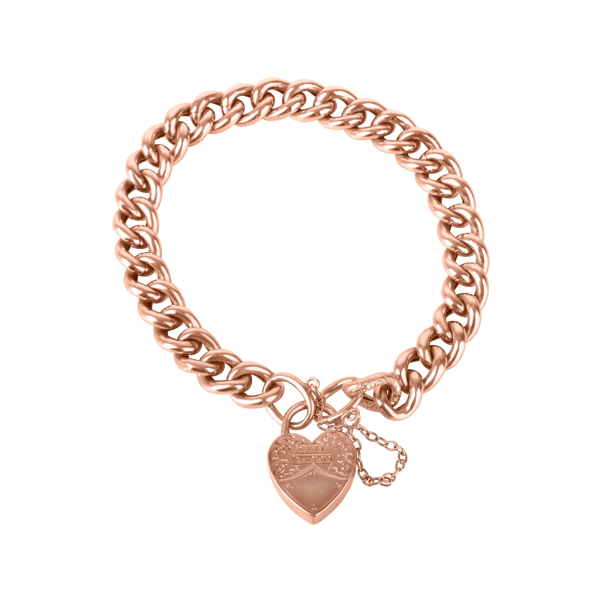 9ct Rose Gold Engraved Curb Link Pre Owned Bracelet with Heart Padlock