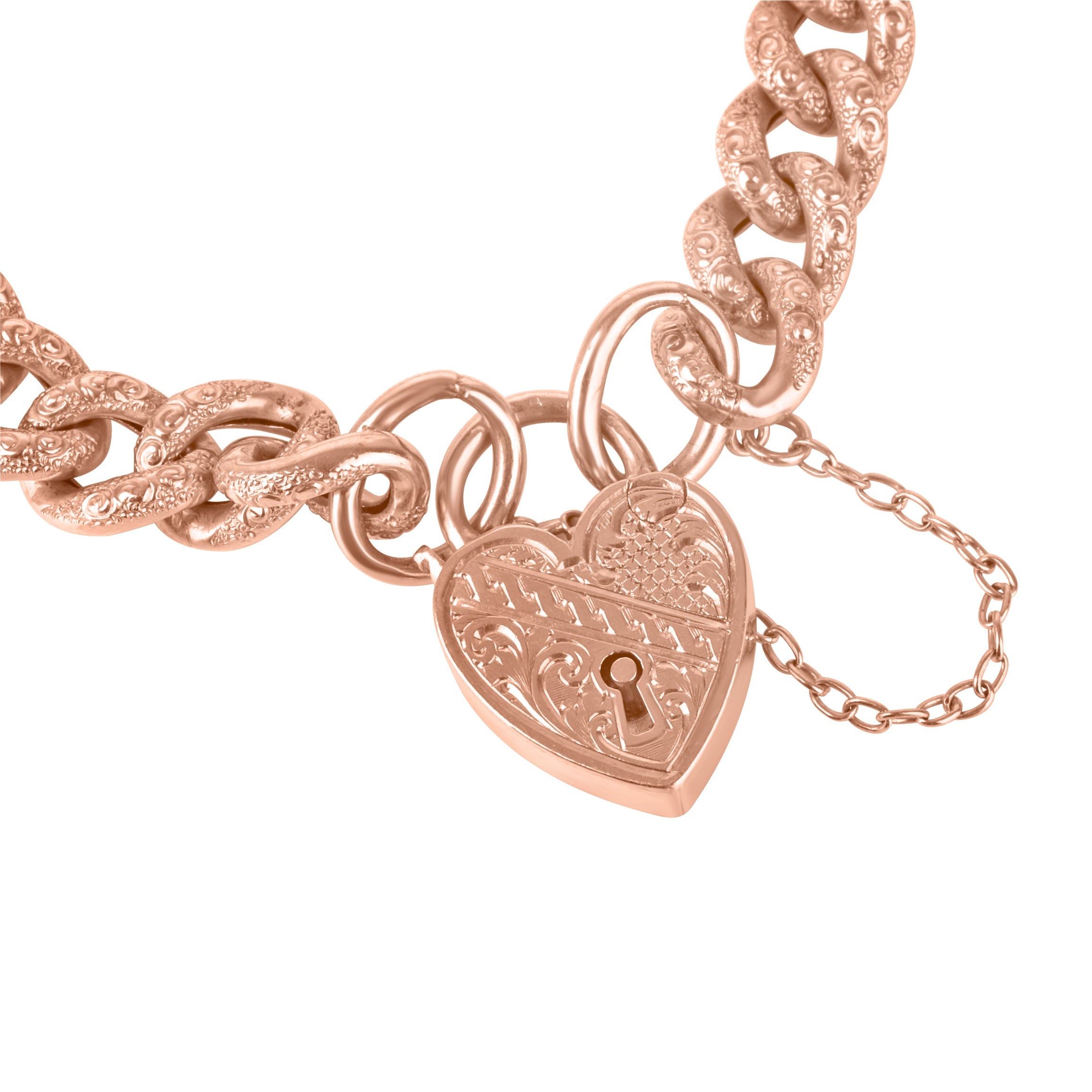 9ct Rose Gold Engraved Curb Link Pre Owned Bracelet with Heart Padlock
