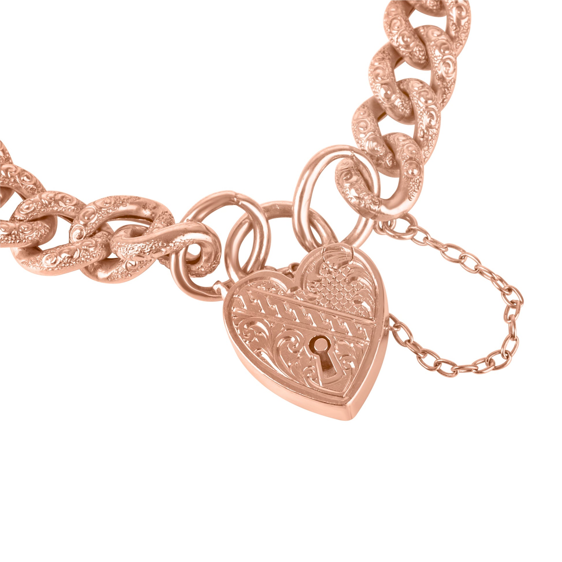 9ct Rose Gold Engraved Curb Link Pre Owned Bracelet with Heart Padlock