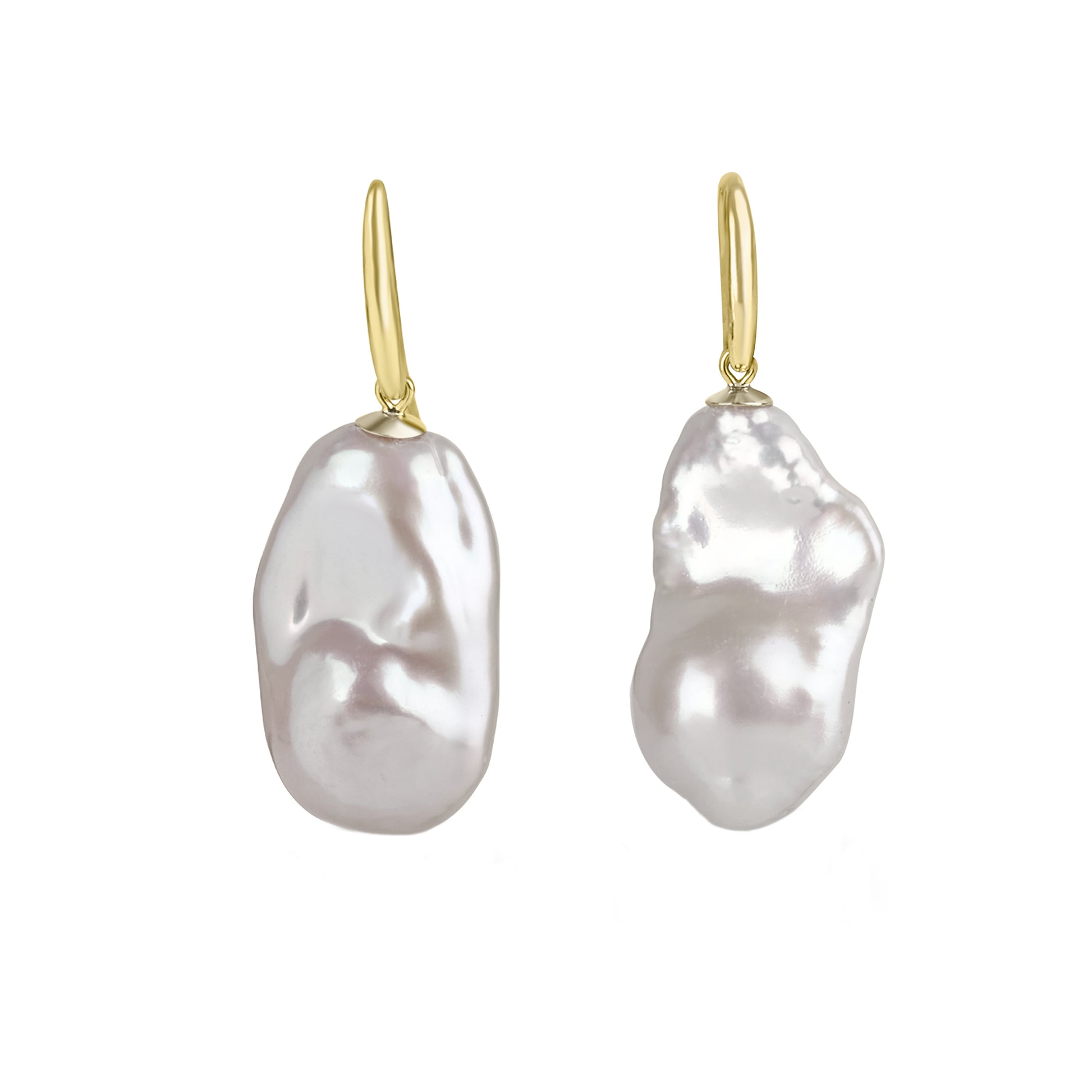 9ct Yellow Gold Shepherd's Hook Drop Earrings with Large White Baroque Freshwater Pearls