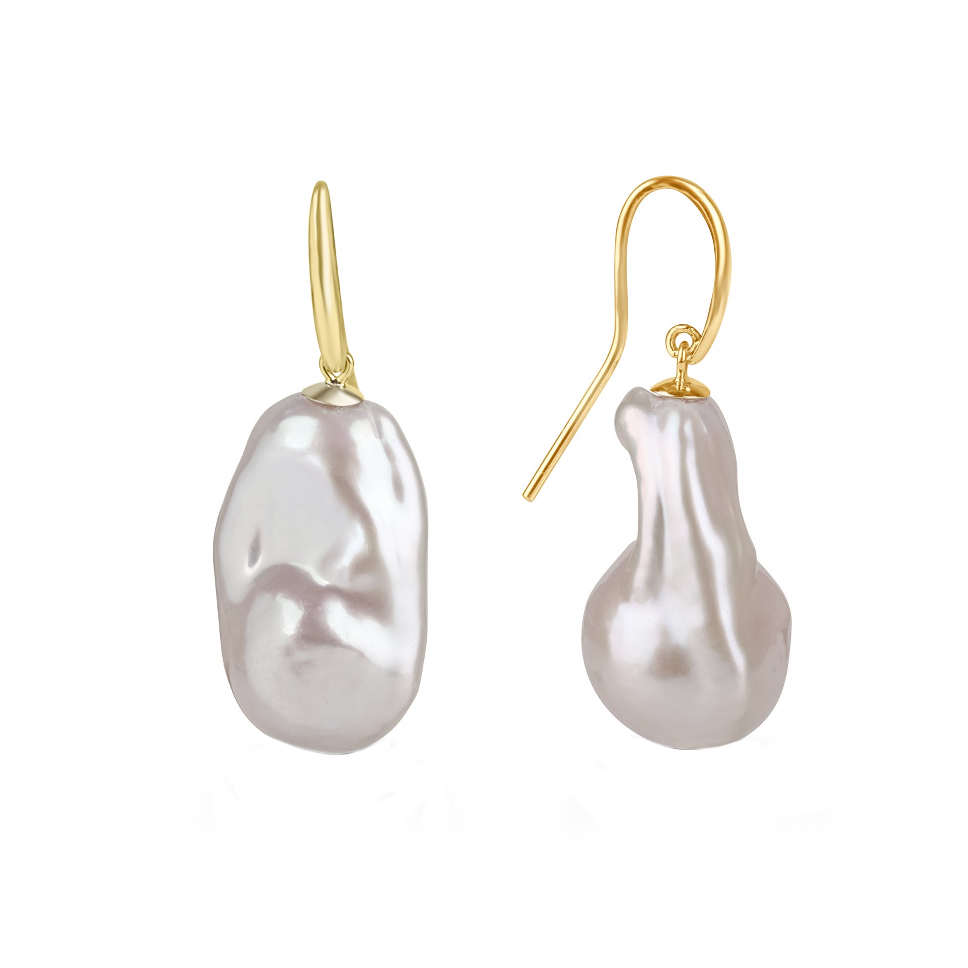 9ct Yellow Gold Shepherd's Hook Drop Earrings with Large White Baroque Freshwater Pearls