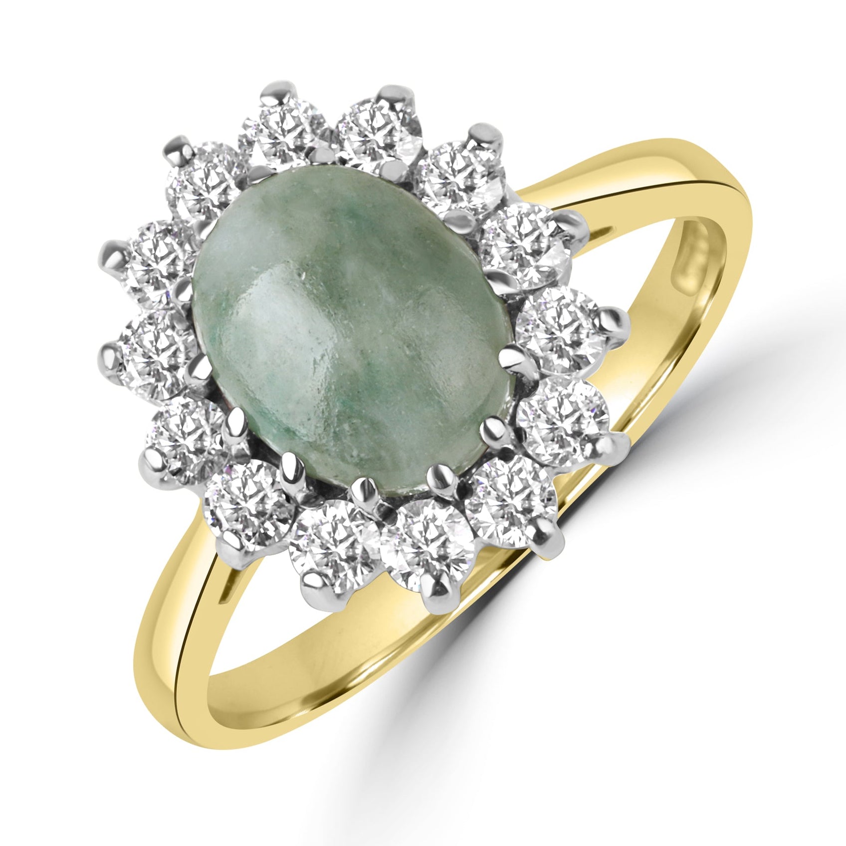 18ct Yellow Gold Oval Jade and Diamond Cluster Pre-Owned Ring