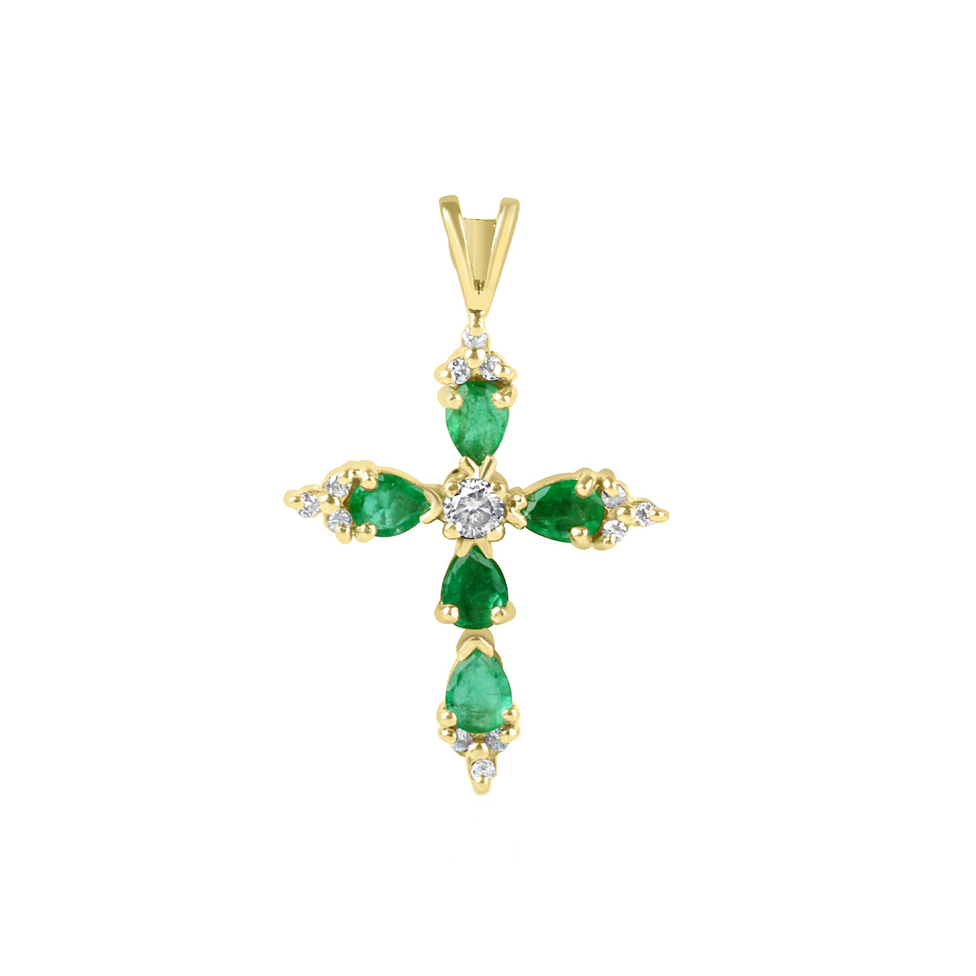 18ct Yellow Gold Pear Cut Emerald and Diamond Cross Pre-Owned Pendant
