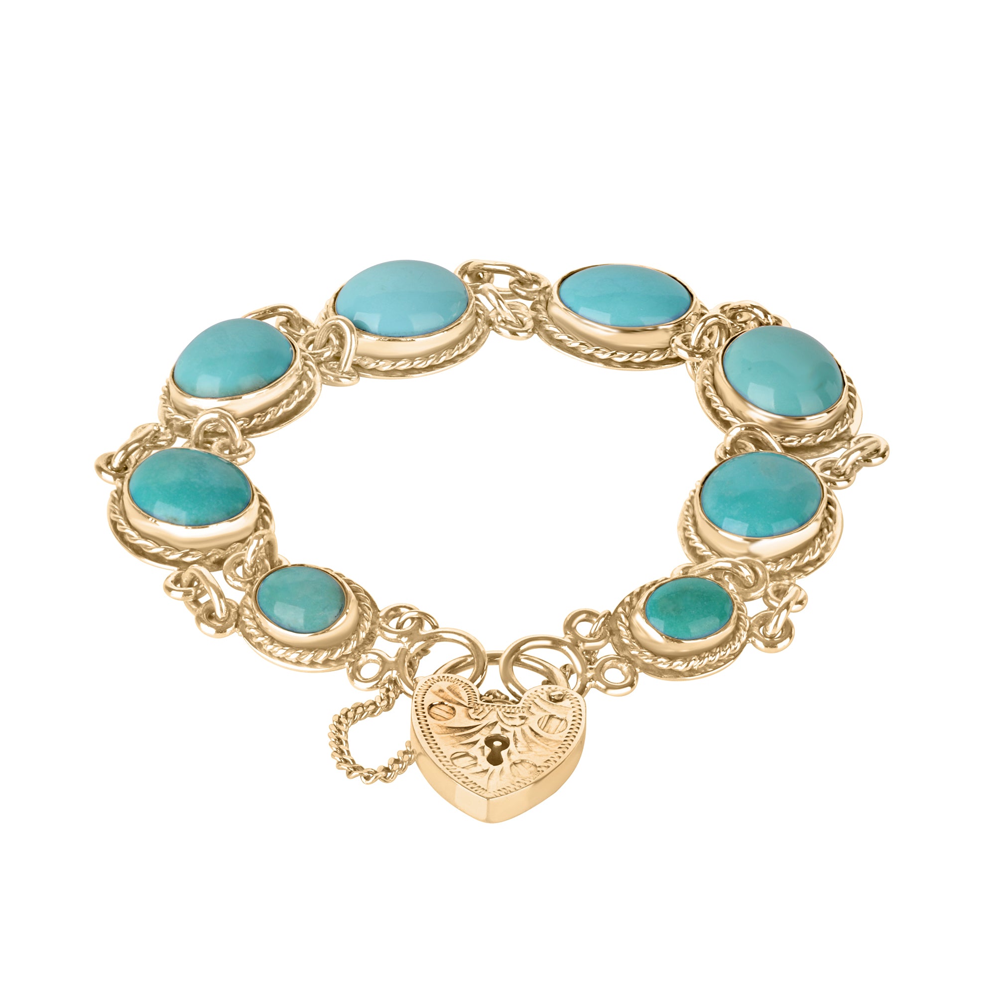 9ct Yellow Gold Turquoise Bracelet with Heart Padlock Clasp, Pre-Owned