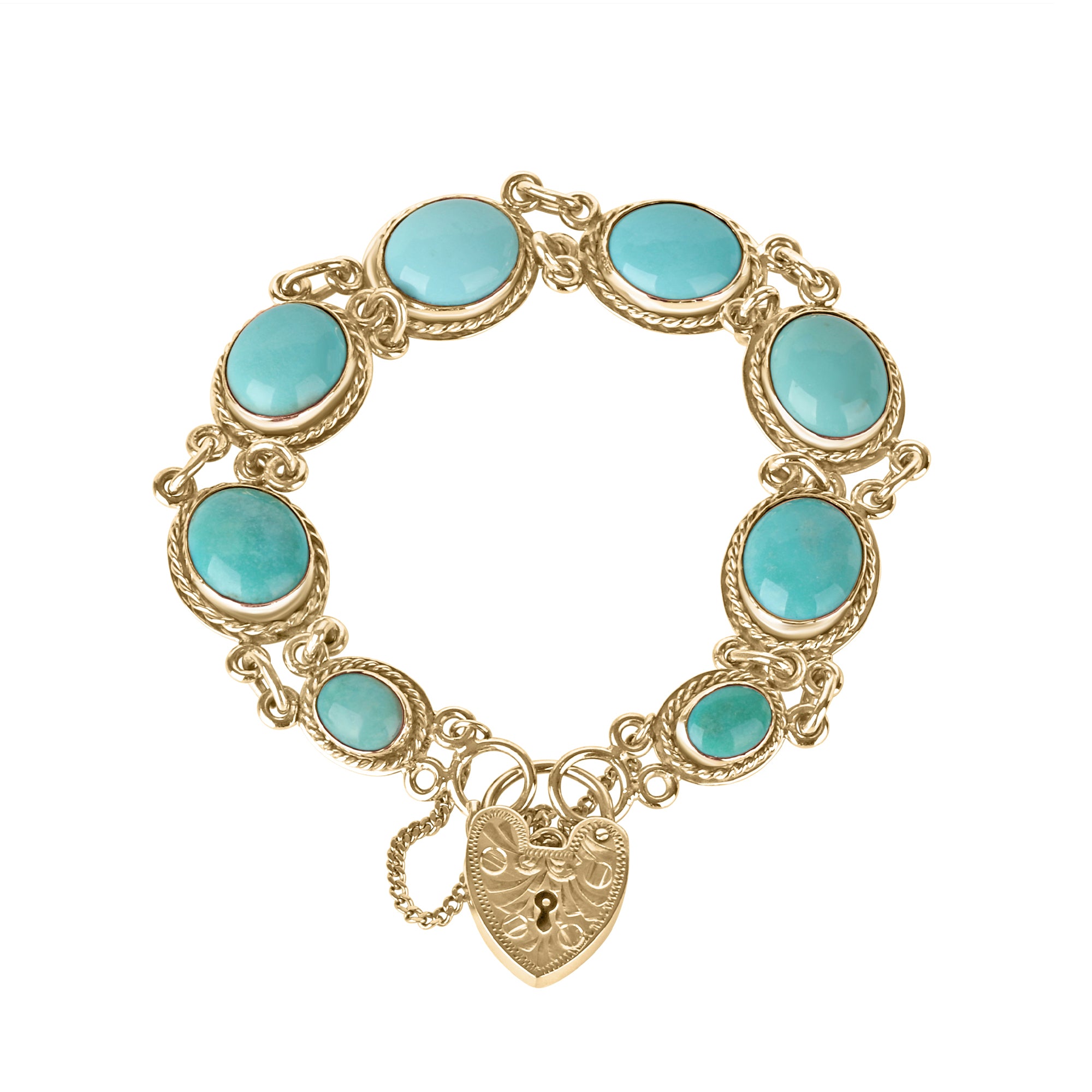 9ct Yellow Gold Turquoise Bracelet with Heart Padlock Clasp, Pre-Owned
