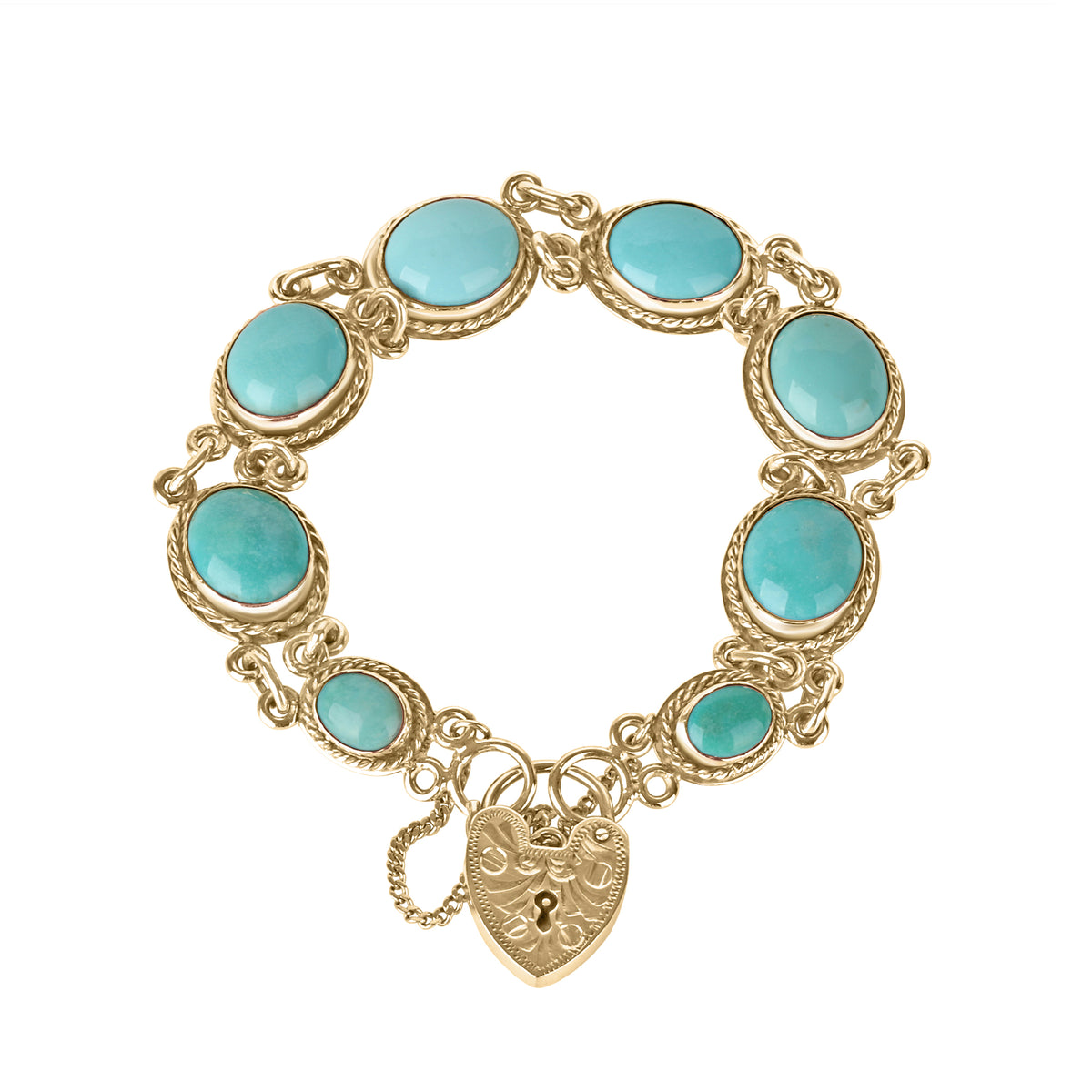 9ct Yellow Gold Turquoise Bracelet with Heart Padlock Clasp, Pre-Owned