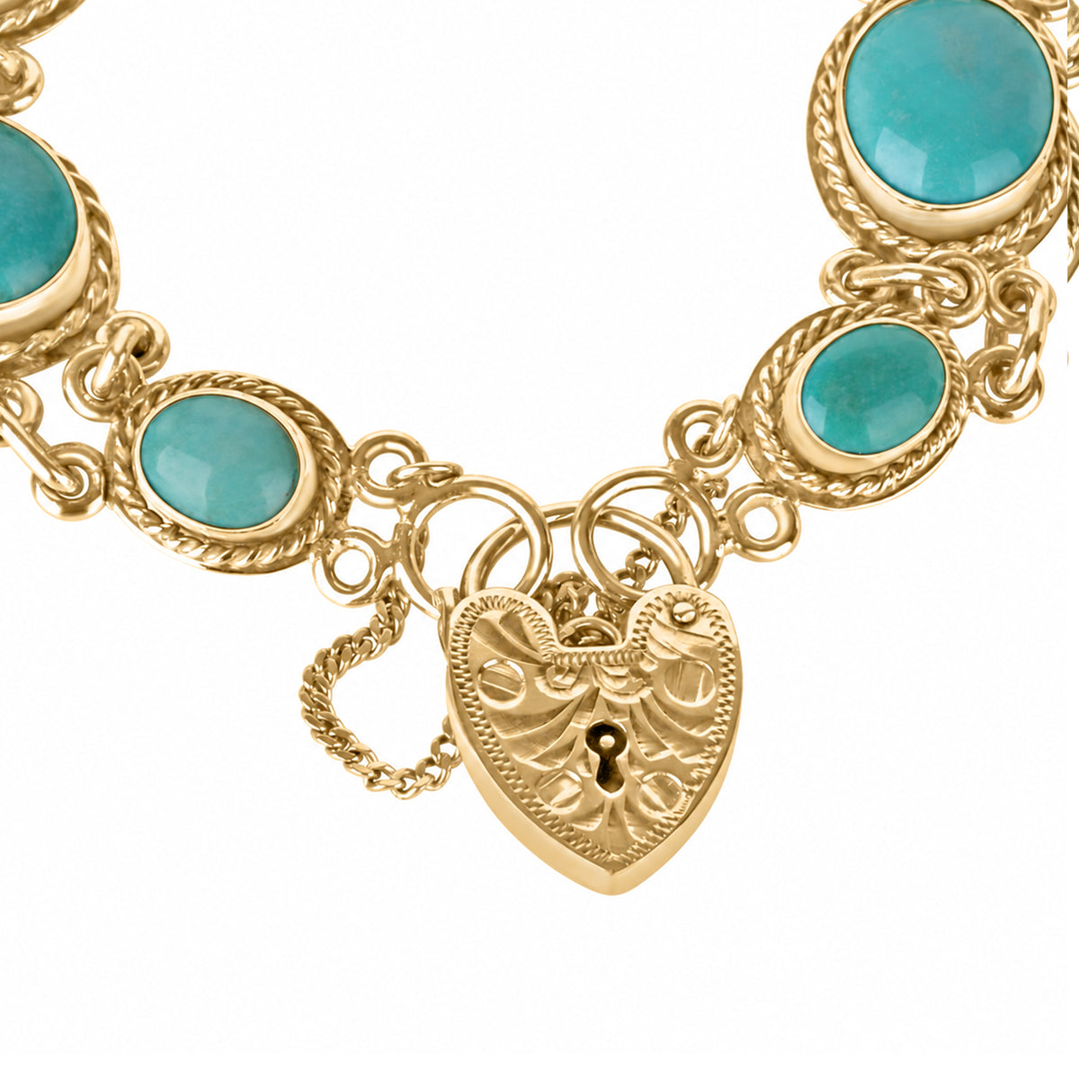 9ct Yellow Gold Turquoise Bracelet with Heart Padlock Clasp, Pre-Owned