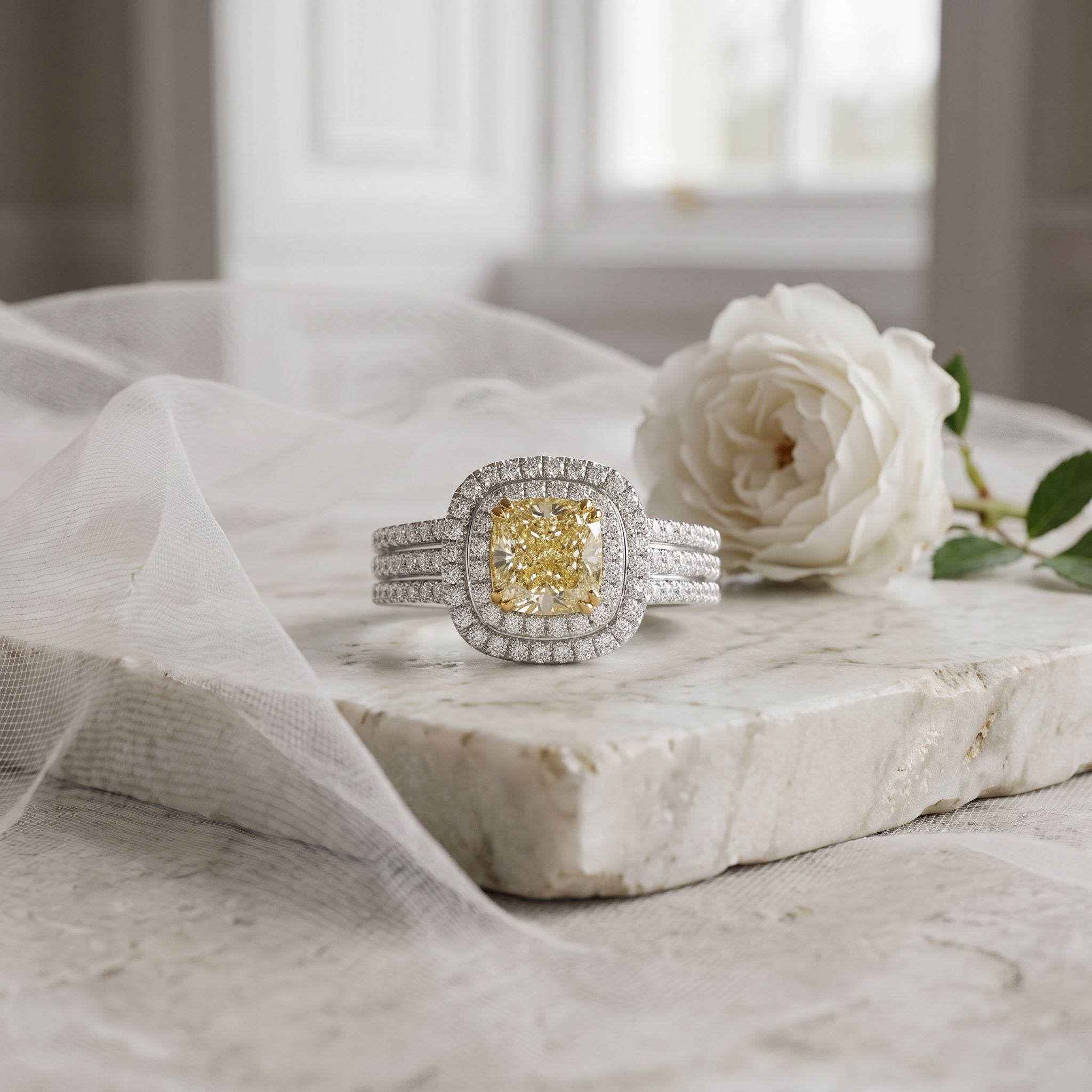 18ct White Gold 1.01ct Cushion Cut Natural Yellow Diamond Double Halo Ring