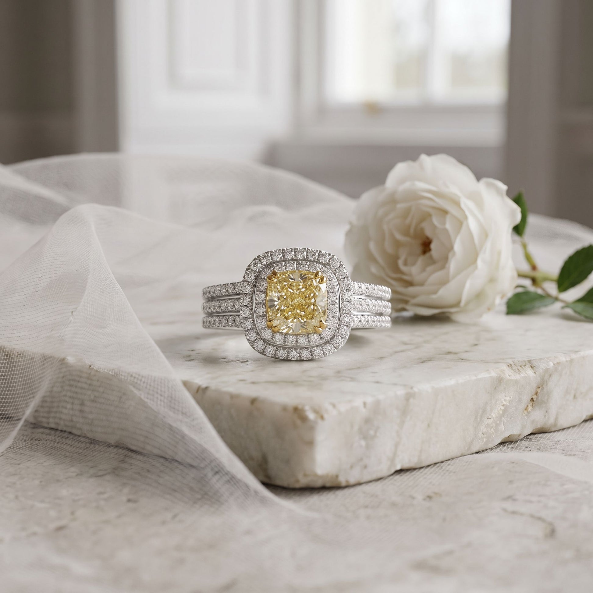 18ct White Gold 1.01ct Cushion Cut Natural Yellow Diamond Double Halo Ring