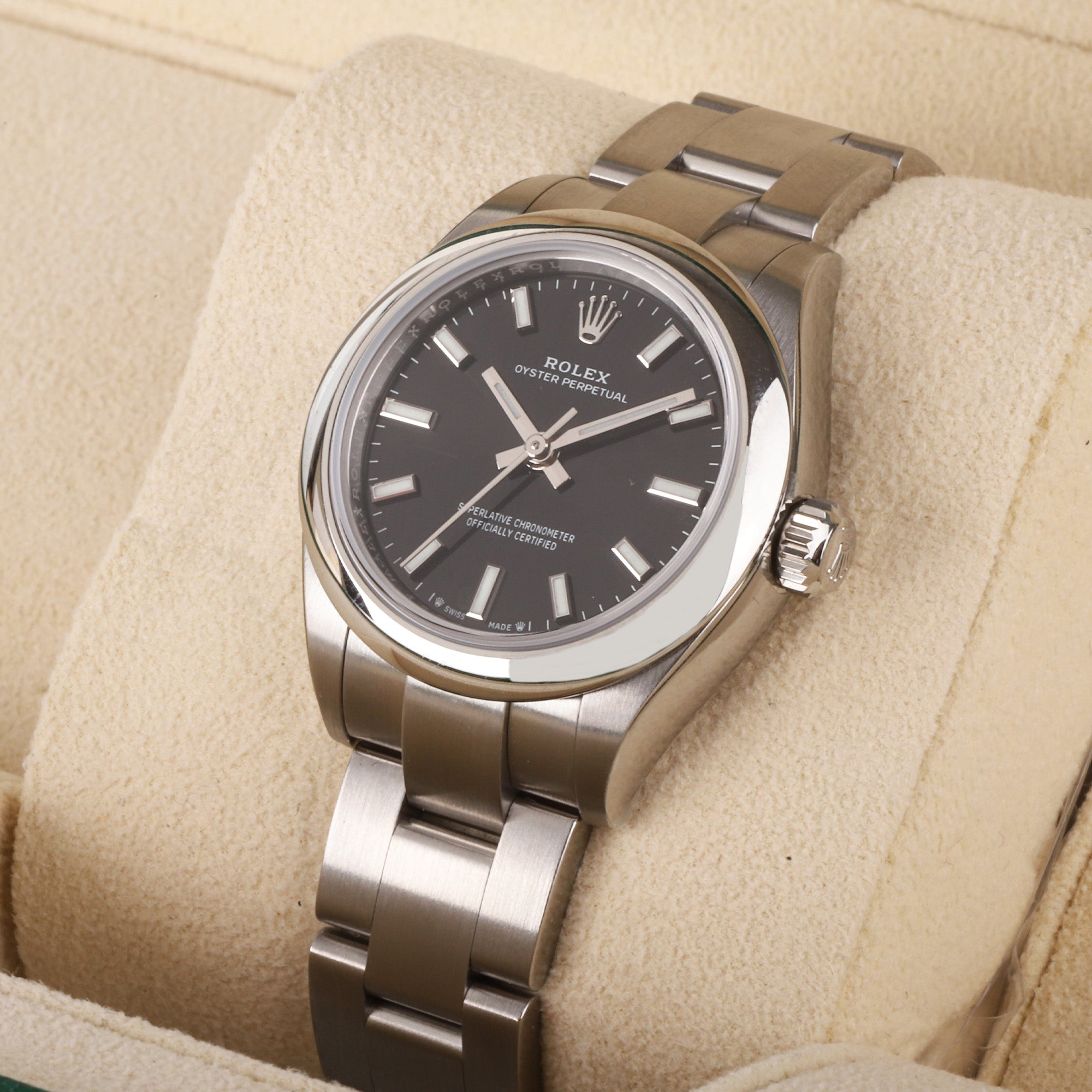 Rolex Stainless Steel Oyster Perpetual 28 Black Dial Pre-Owned Watch