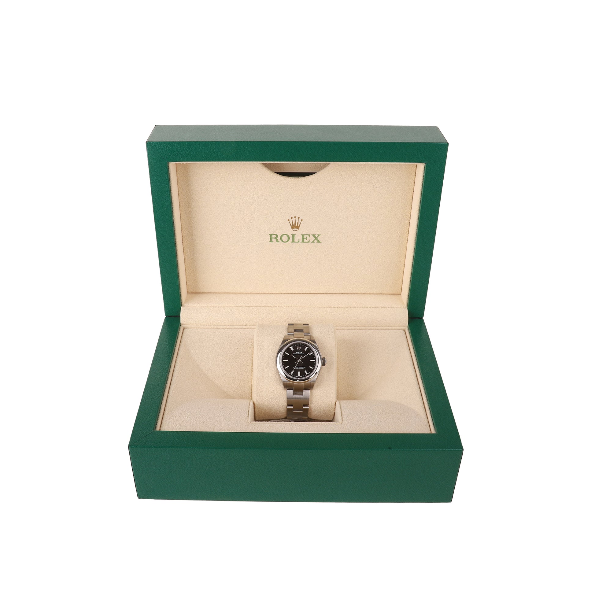 Rolex Stainless Steel Oyster Perpetual 28 Black Dial Pre-Owned Watch