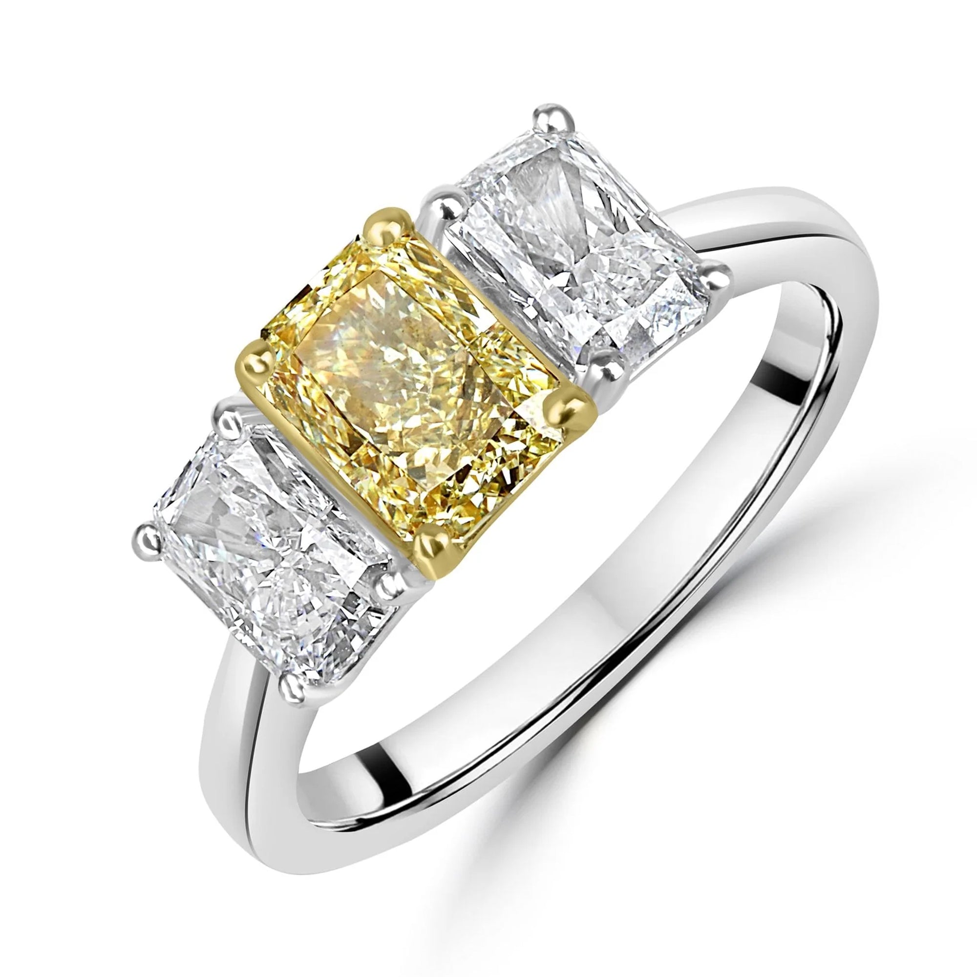 1.07ct Yellow Radiant Cut Lab Grown Diamond and Outer Radiant Three Stone Ring