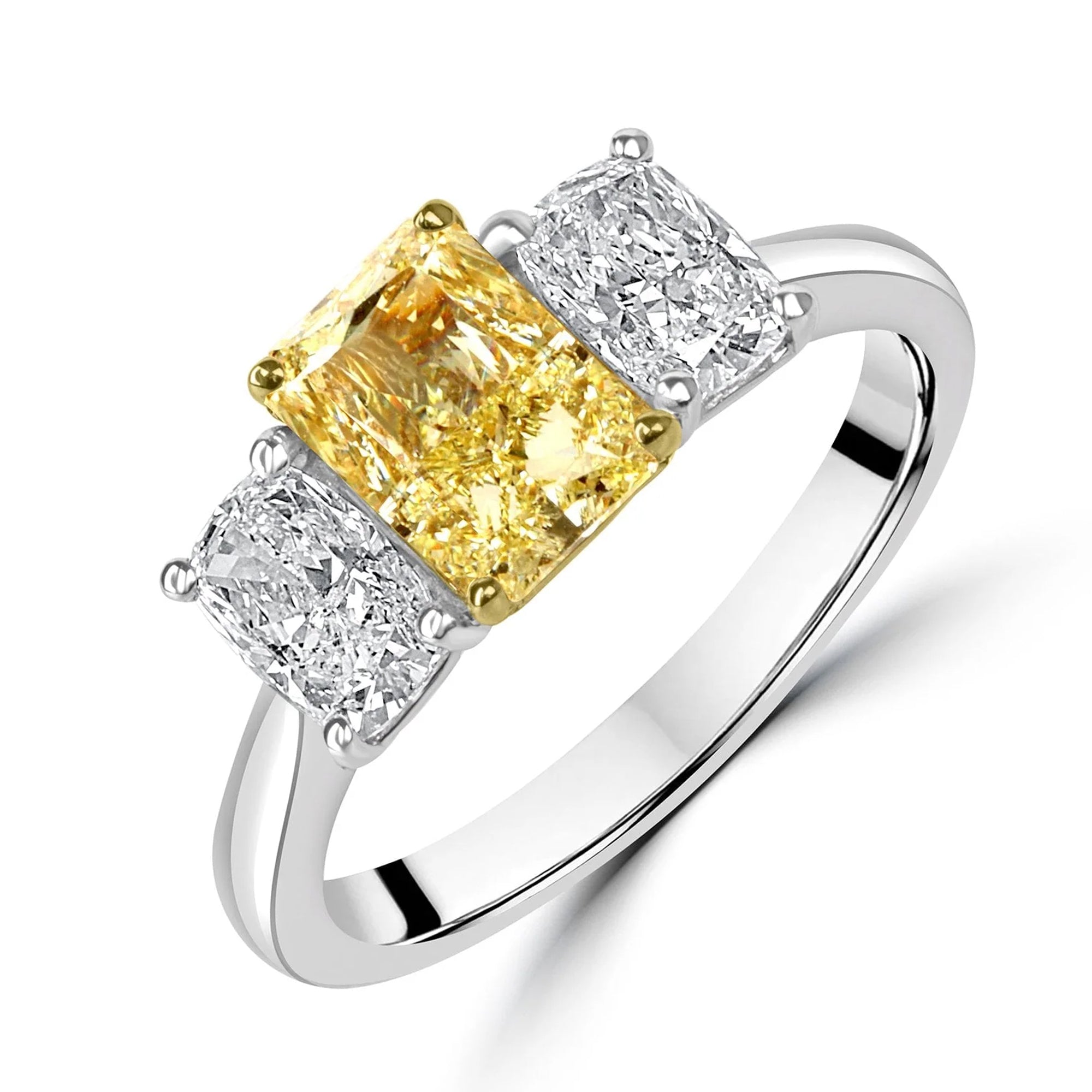 1.38ct Fancy Yellow Radiant Cut Diamond Three Stone Ring With Outer White Diamond
