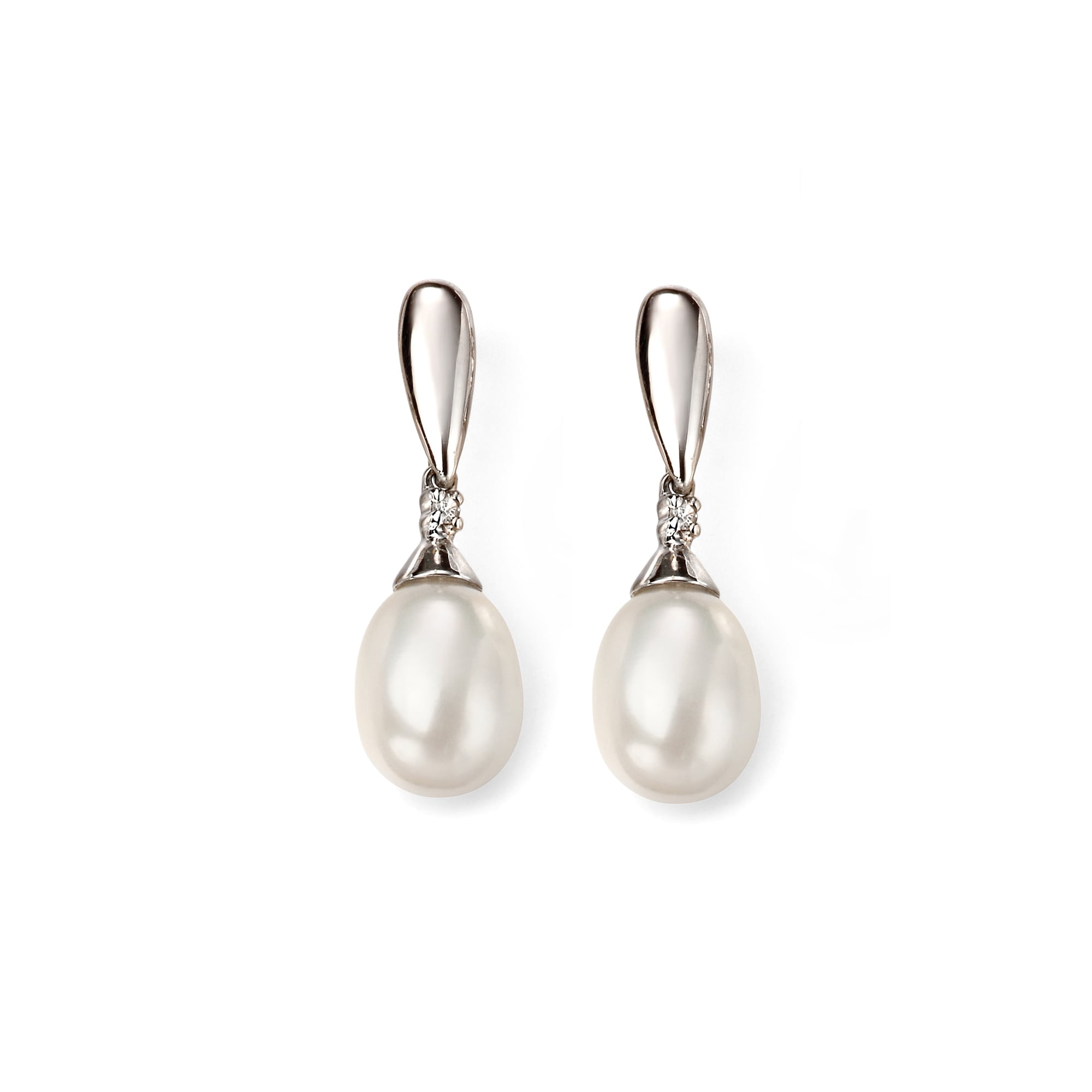 9ct White Gold White Freshwater Pearl and Diamond Drop Earrings