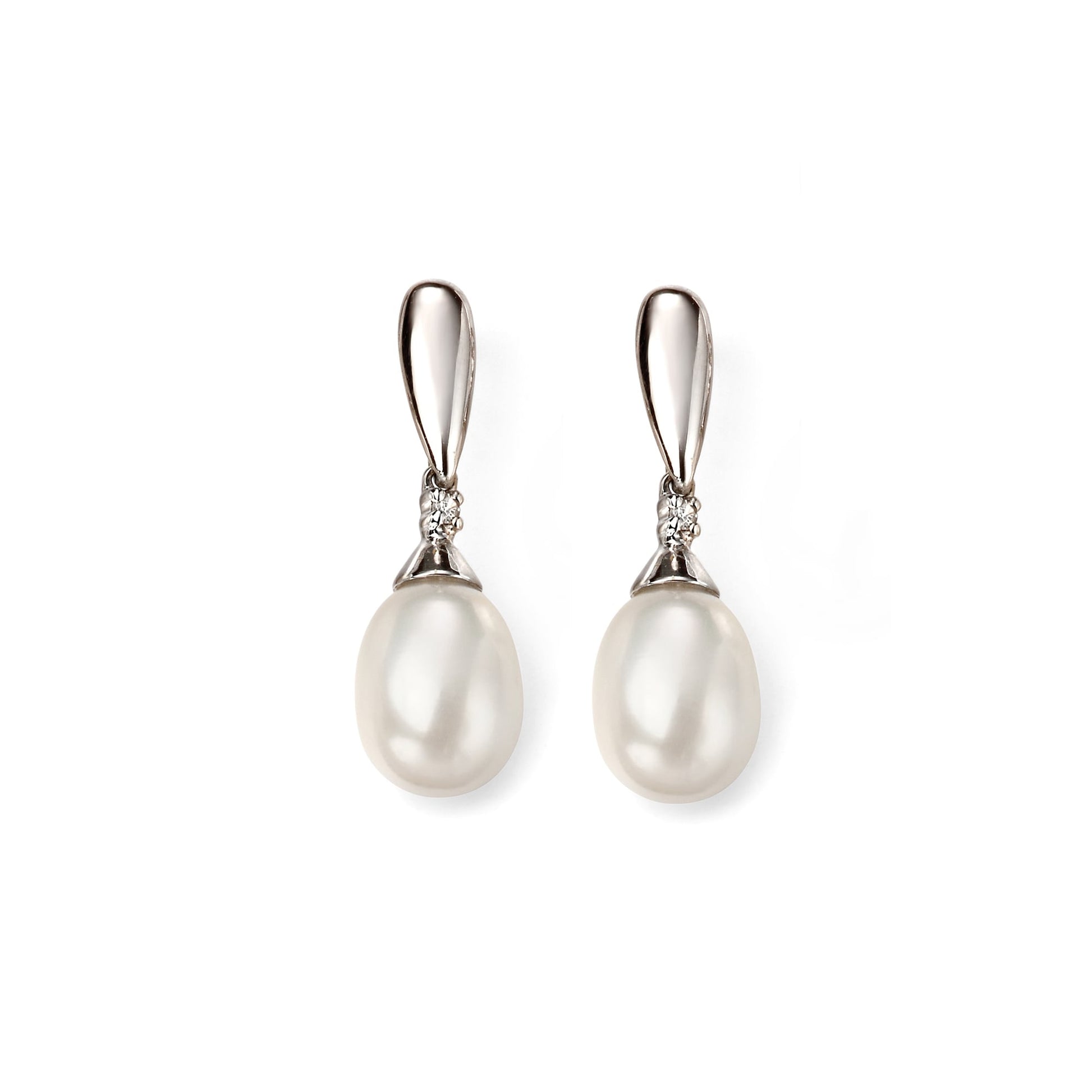 9ct White Gold White Freshwater Pearl and Diamond Drop Earrings