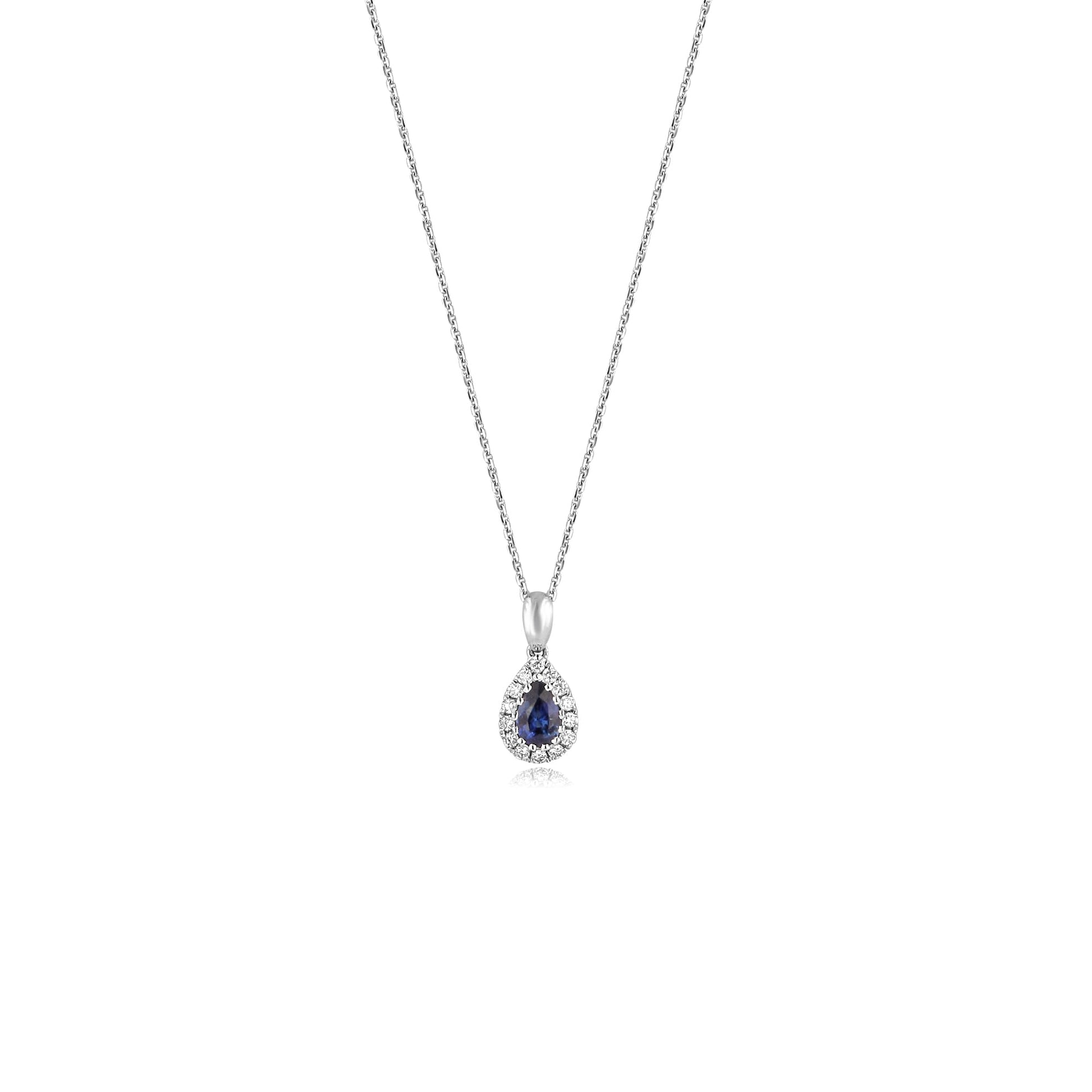 18ct White Gold Pear Shape Sapphire and Diamond Pendant and Chain