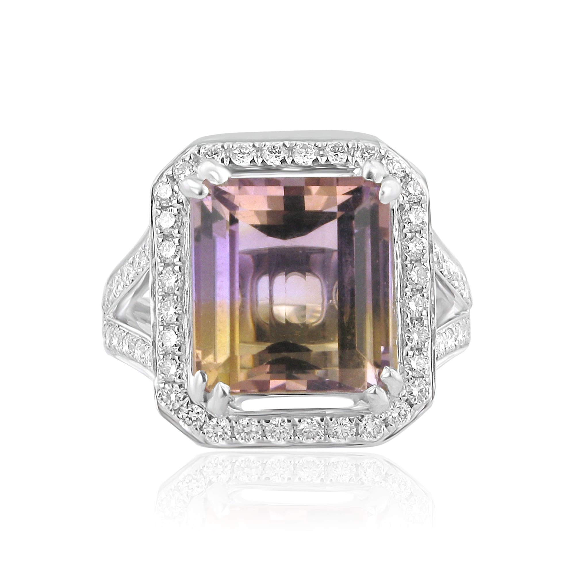 Large Ametrine and Diamond Halo Cluster Cocktail Ring