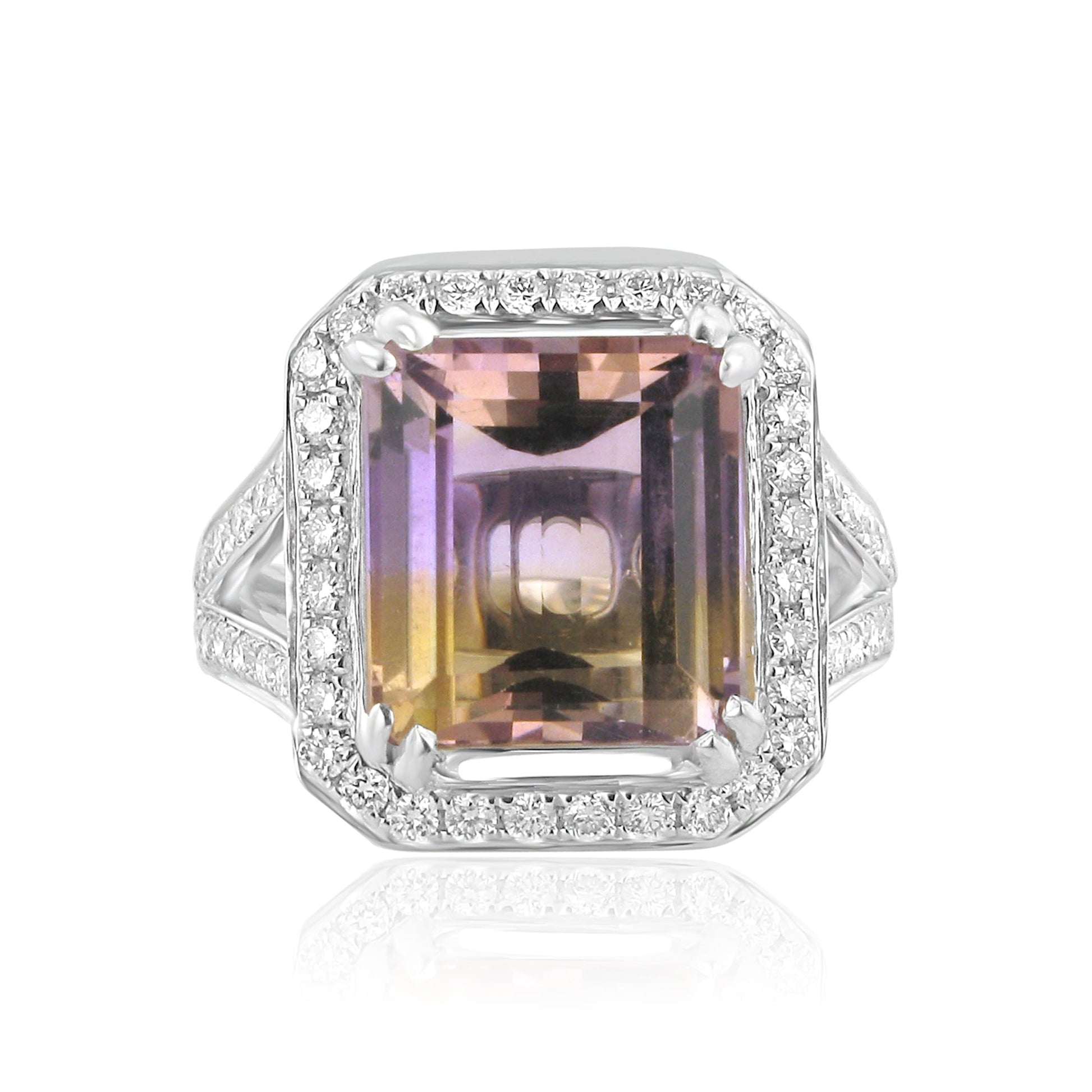 Large Ametrine and Diamond Halo Cluster Cocktail Ring