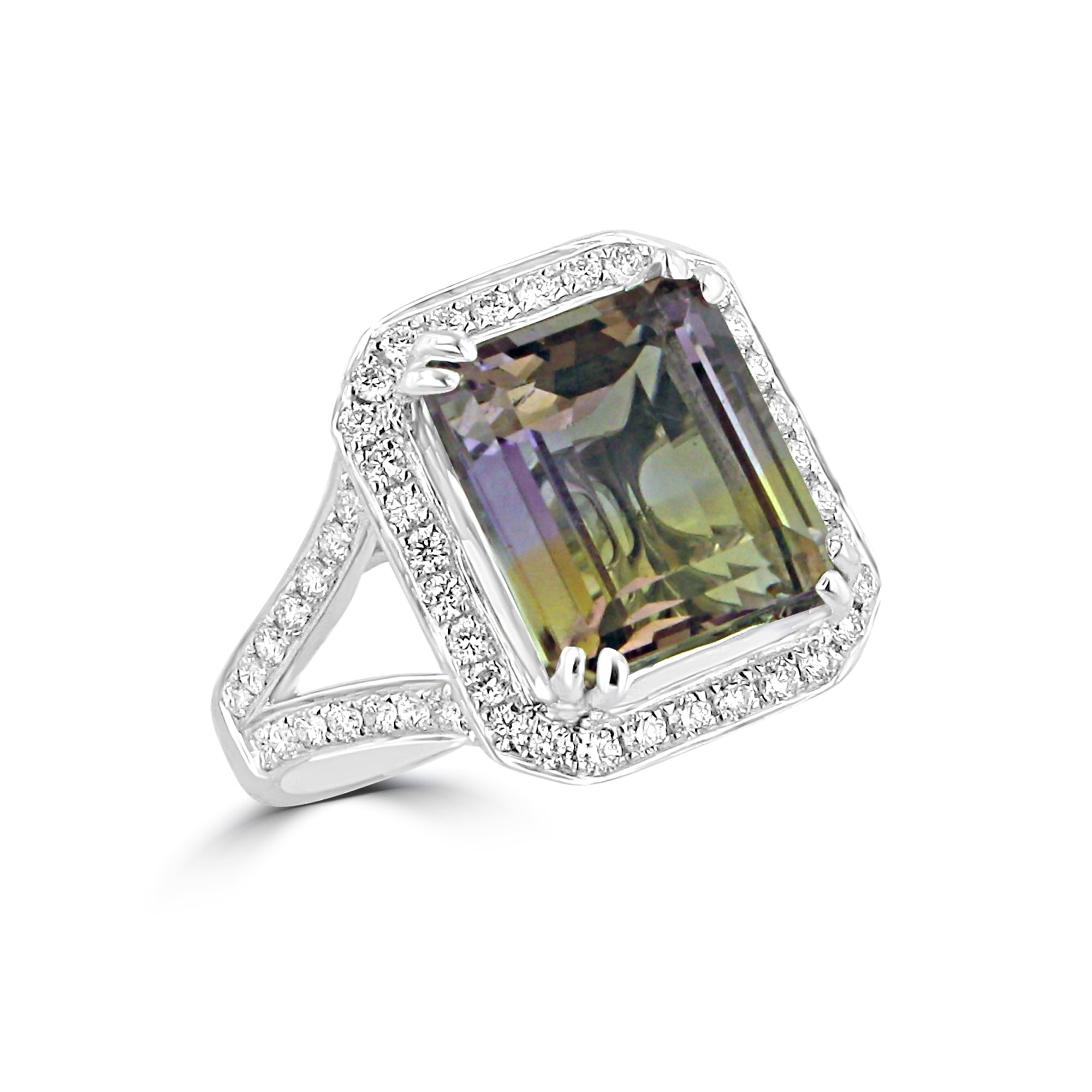 Large Ametrine and Diamond Halo Cluster Cocktail Ring