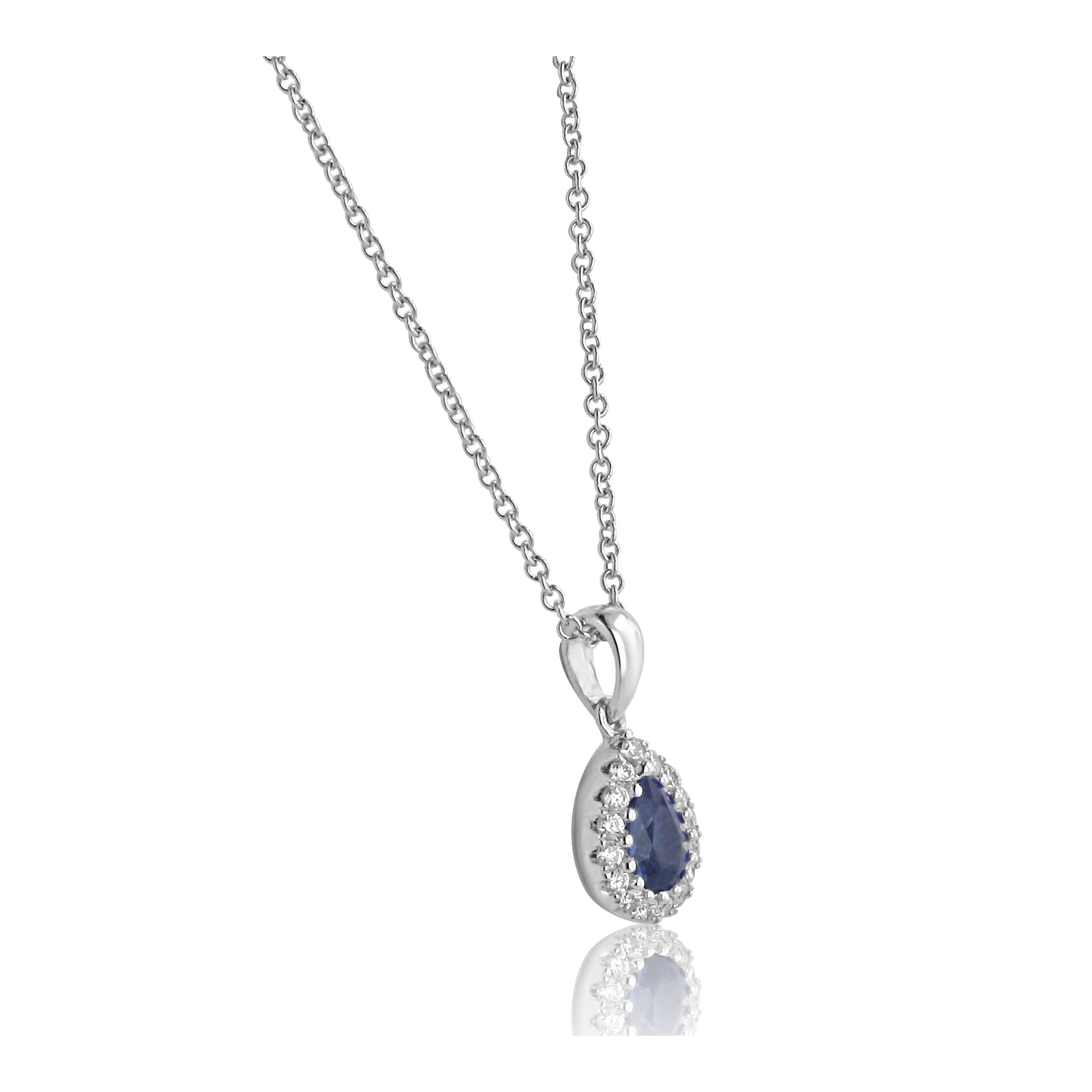 18ct White Gold Pear Shape Sapphire and Diamond Pendant and Chain