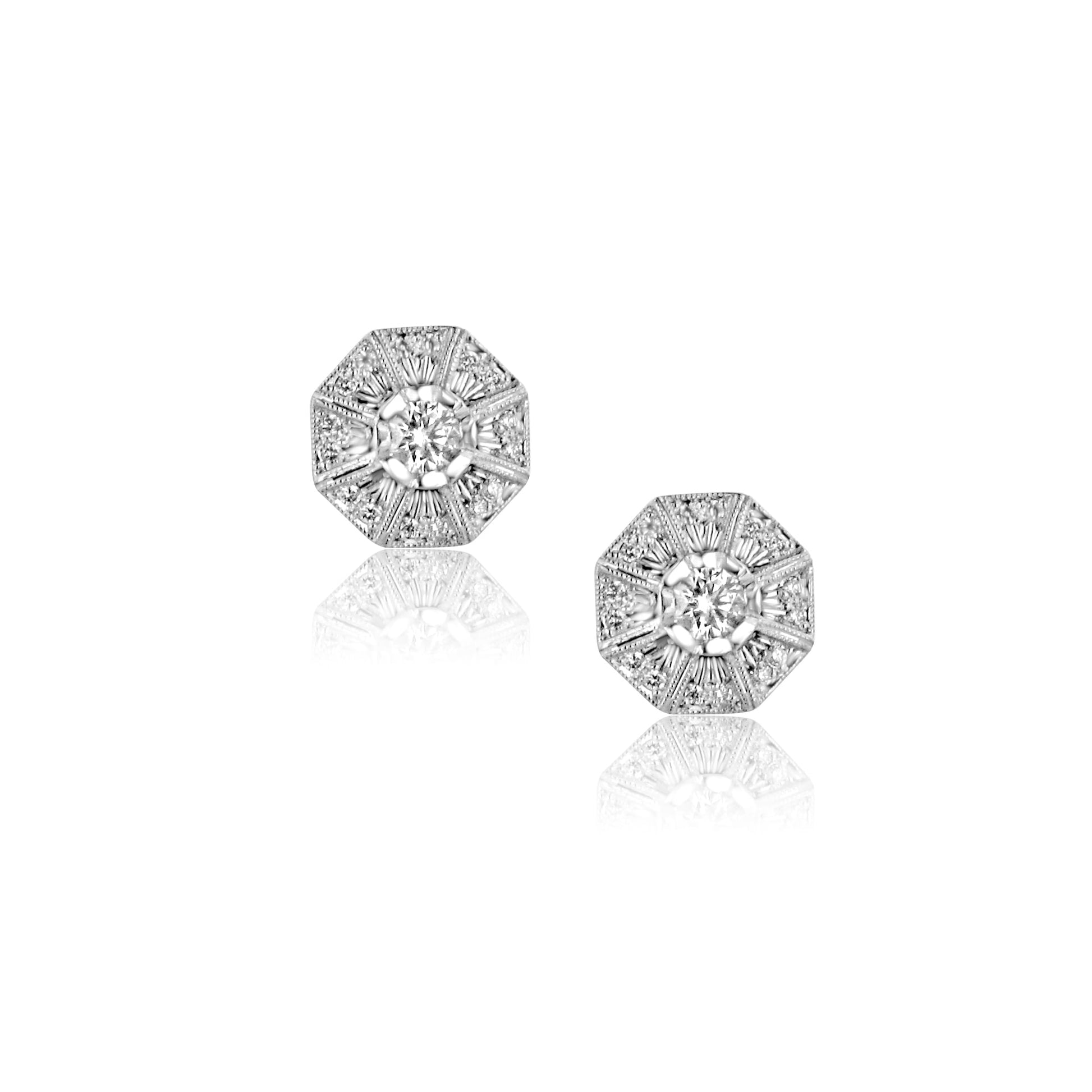 White Gold Deco Inspired Octagonal Diamond Cluster Stud Earrings