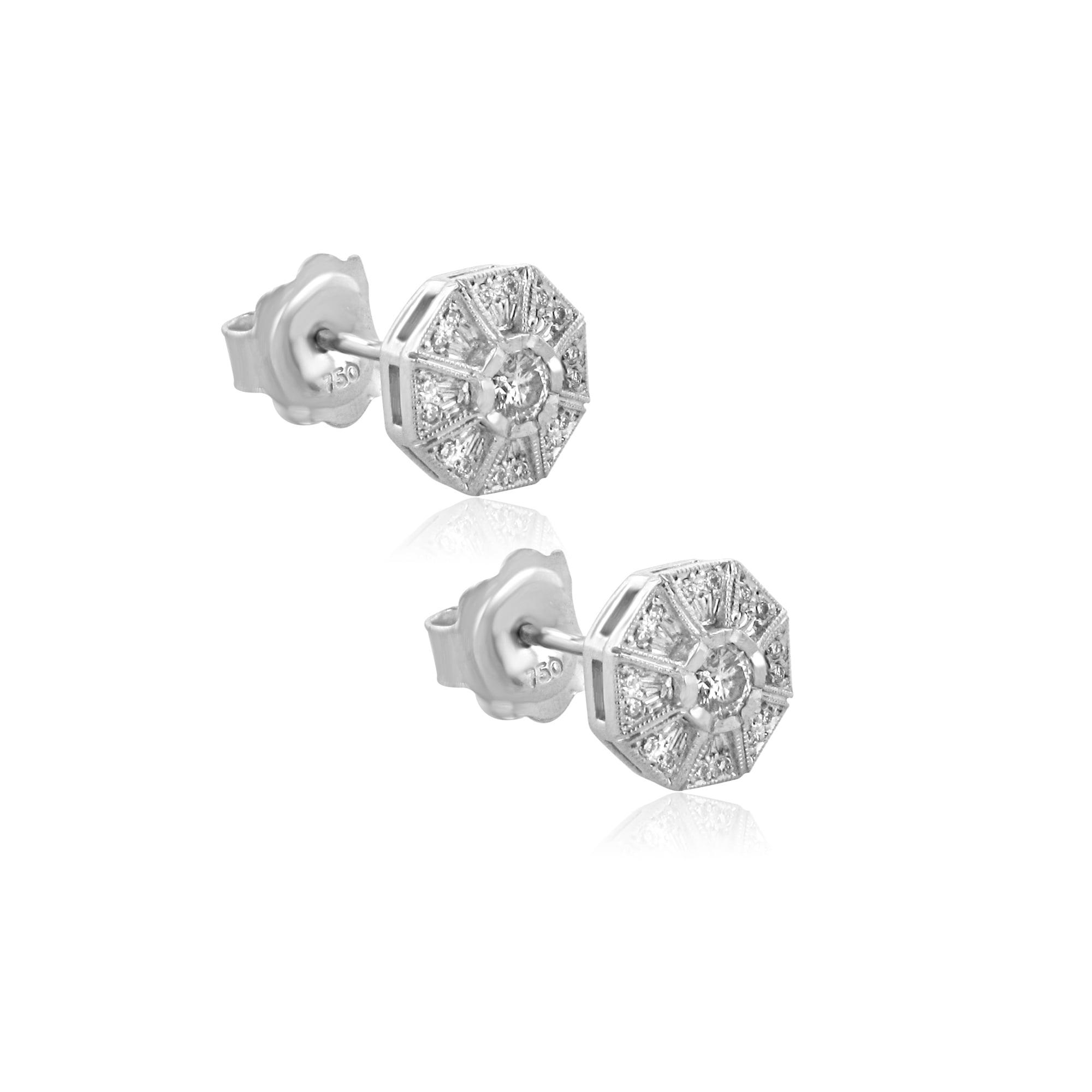 White Gold Deco Inspired Octagonal Diamond Cluster Stud Earrings