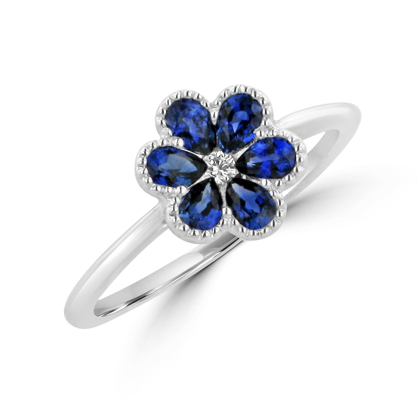 Blue Sapphire Flower Ring in 18ct White Gold