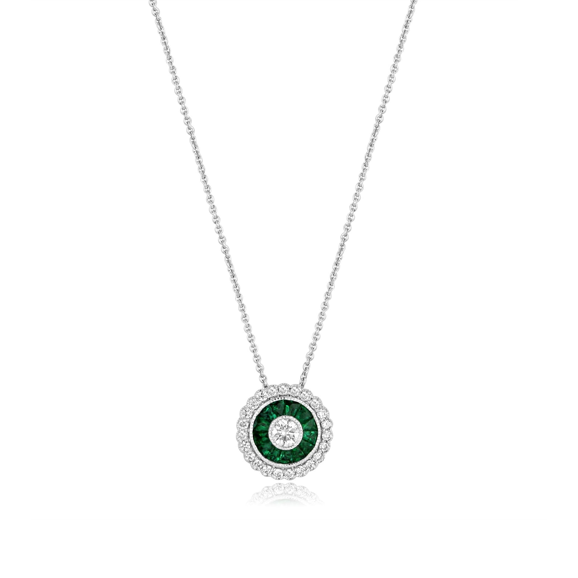 18ct White Gold Emerald and Diamond Fancy Circular Pendant and Chain