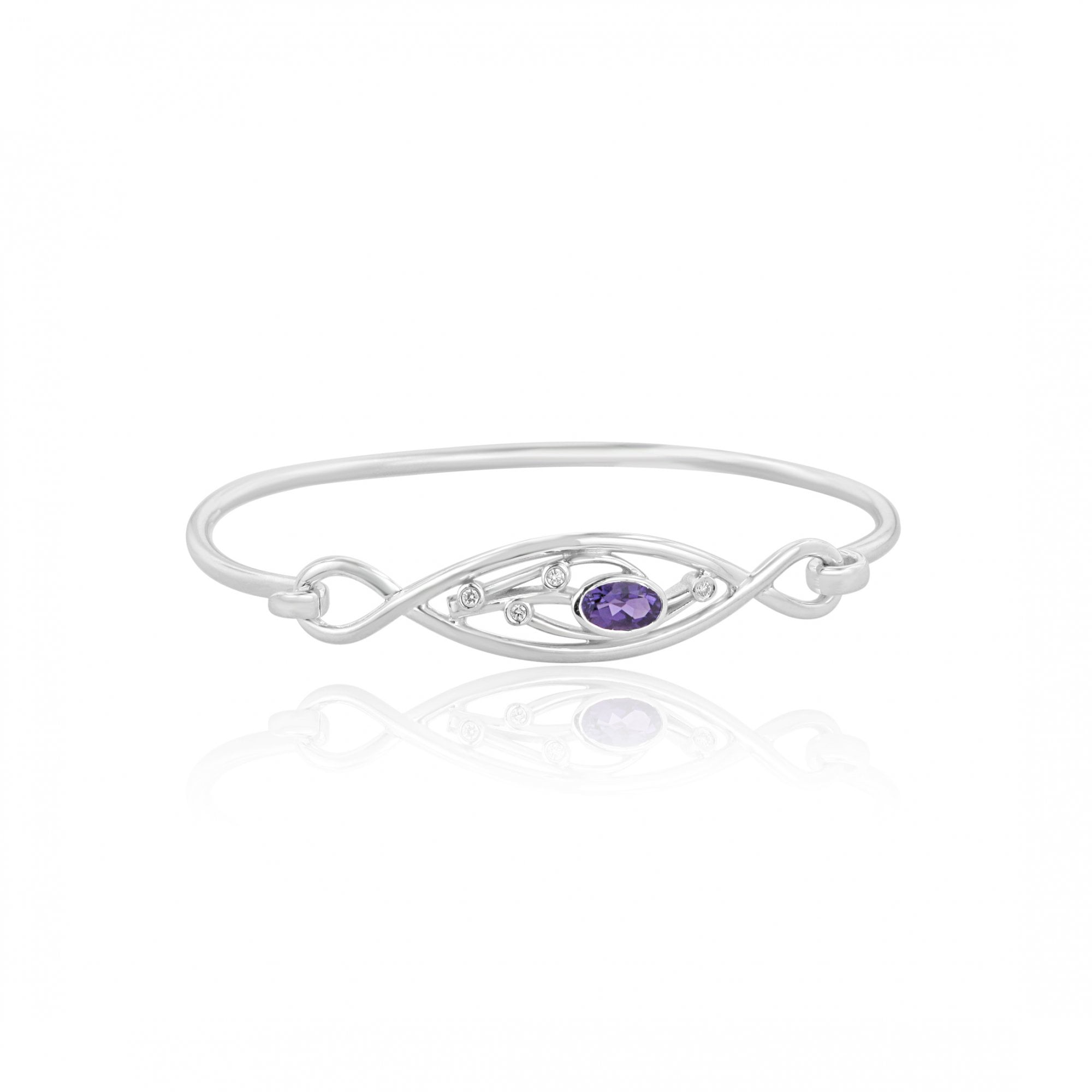 9ct White Gold Bangle With Oval Amethyst and Four Small Diamonds