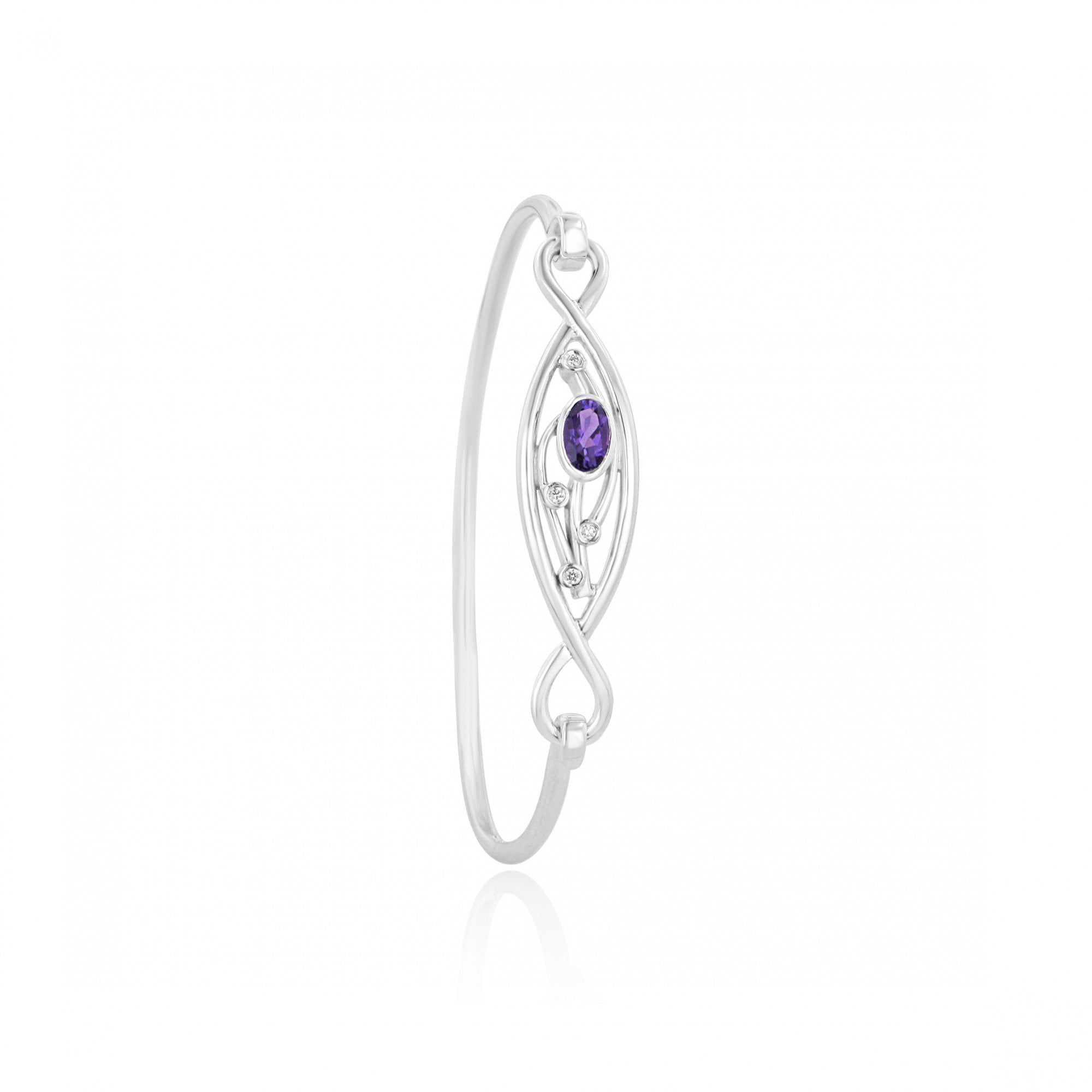 9ct White Gold Bangle With Oval Amethyst and Four Small Diamonds