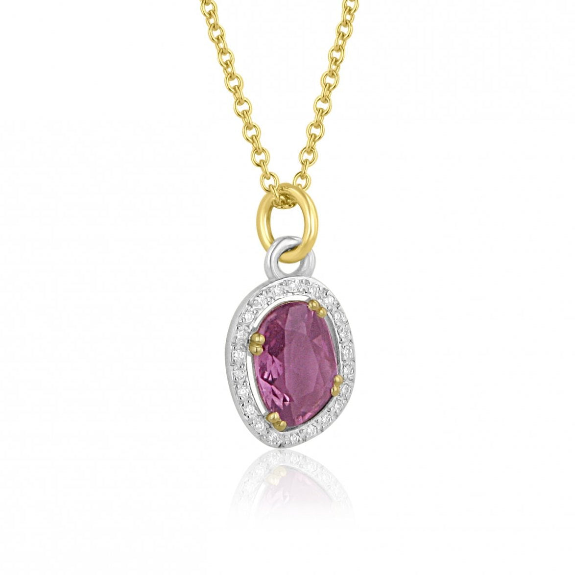 18ct Mixed Gold Purple Sapphire and Diamond Halo Necklace