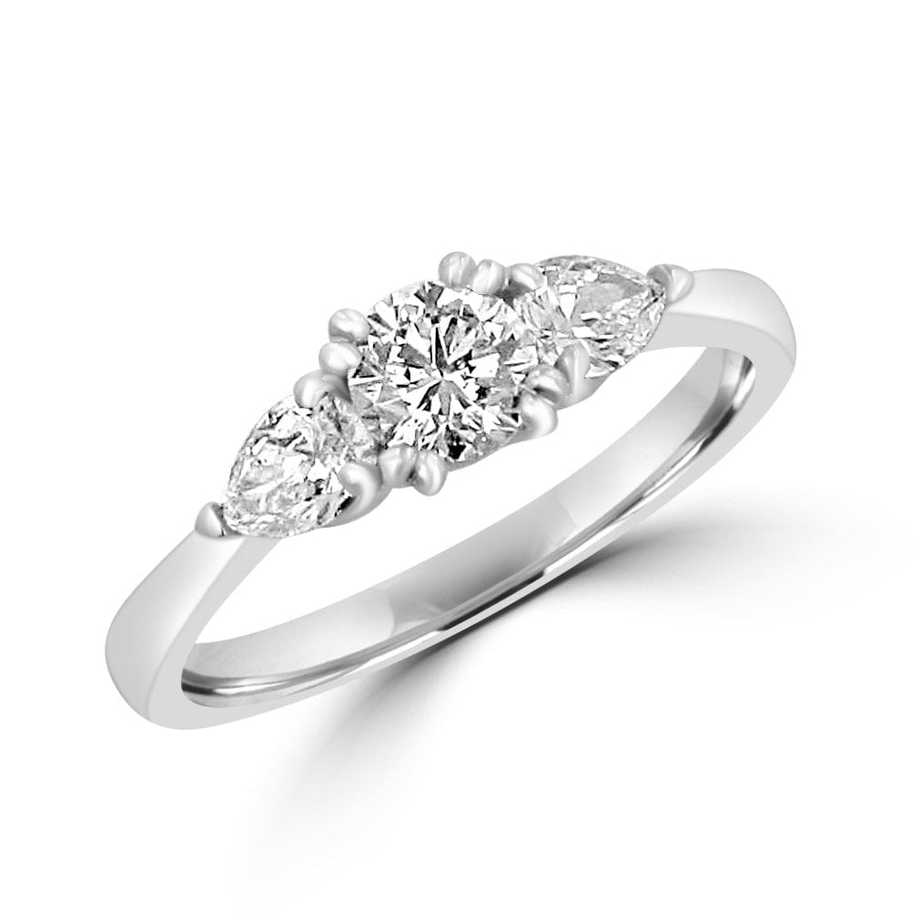 Three Stone Platinum Engagement Ring With A RBC Diamond And Two Pear Cut Diamonds