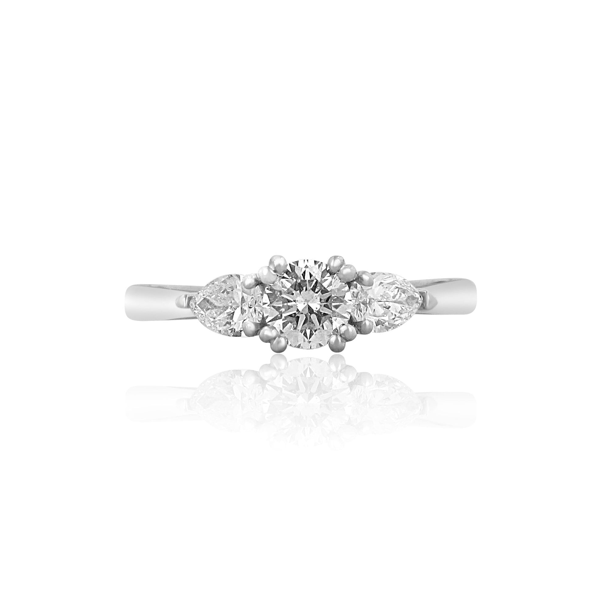 Three Stone Platinum Engagement Ring With A RBC Diamond And Two Pear Cut Diamonds