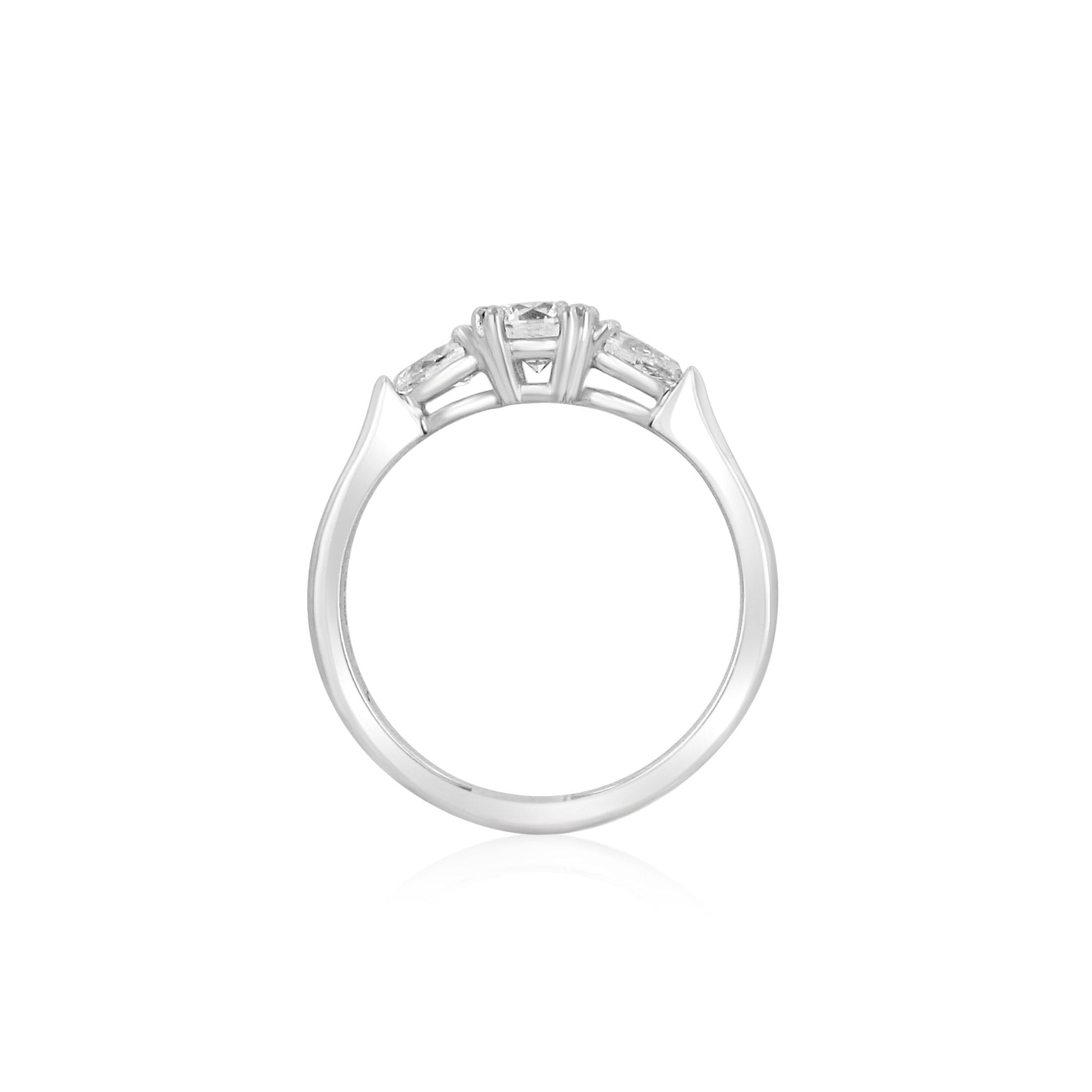 Three Stone Platinum Engagement Ring With A RBC Diamond And Two Pear Cut Diamonds