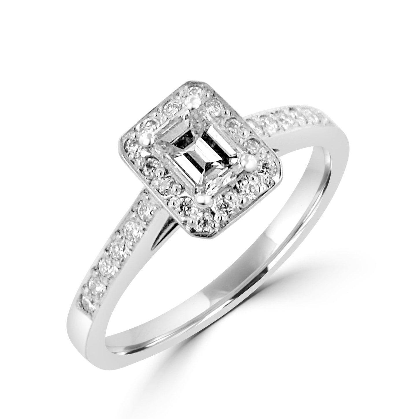 Platinum Emerald Cut Diamond Cluster Ring With Diamond Set Shoulders