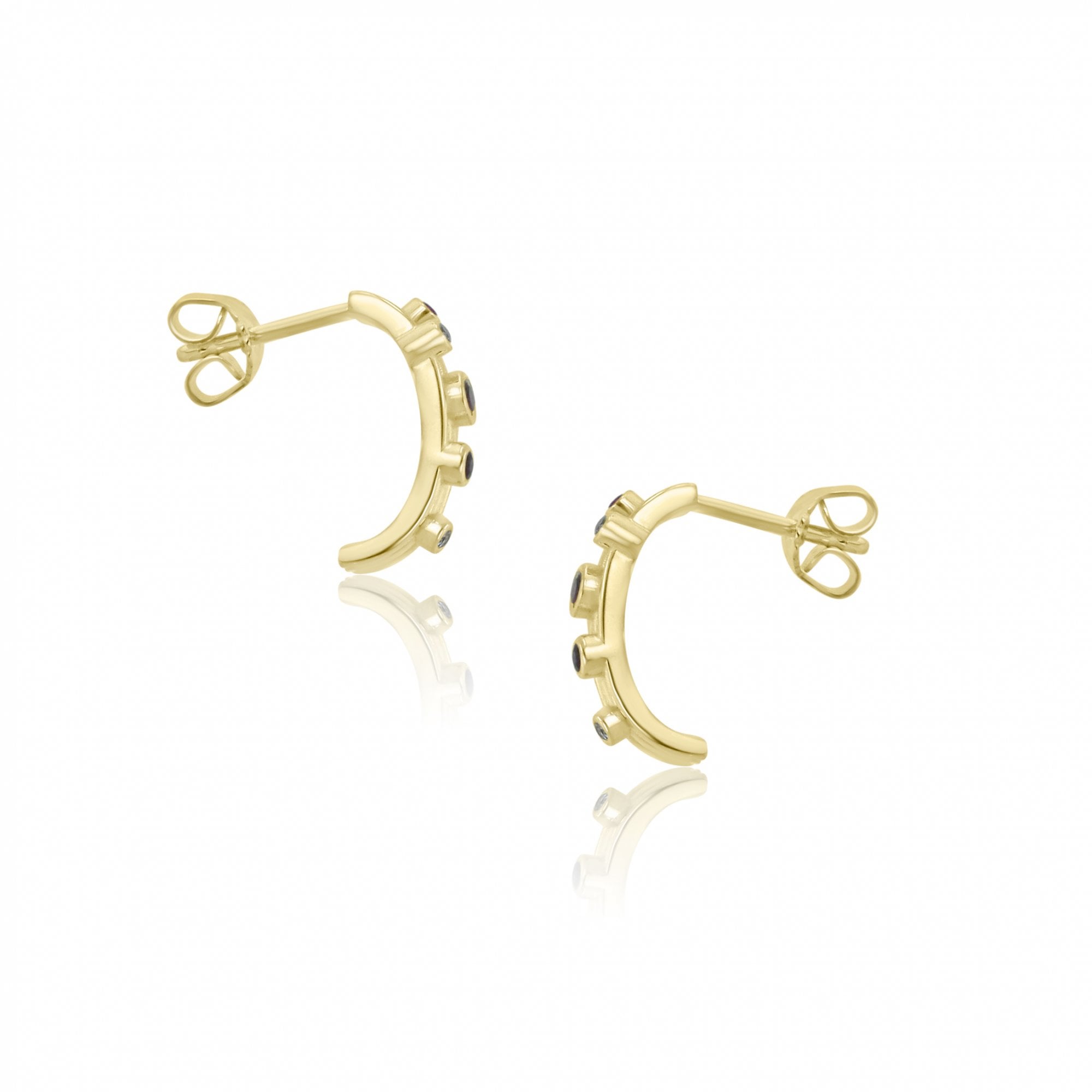 18ct Yellow Gold Half Hoop Stud Earrings Bezel Set With Rubies & Diamonds