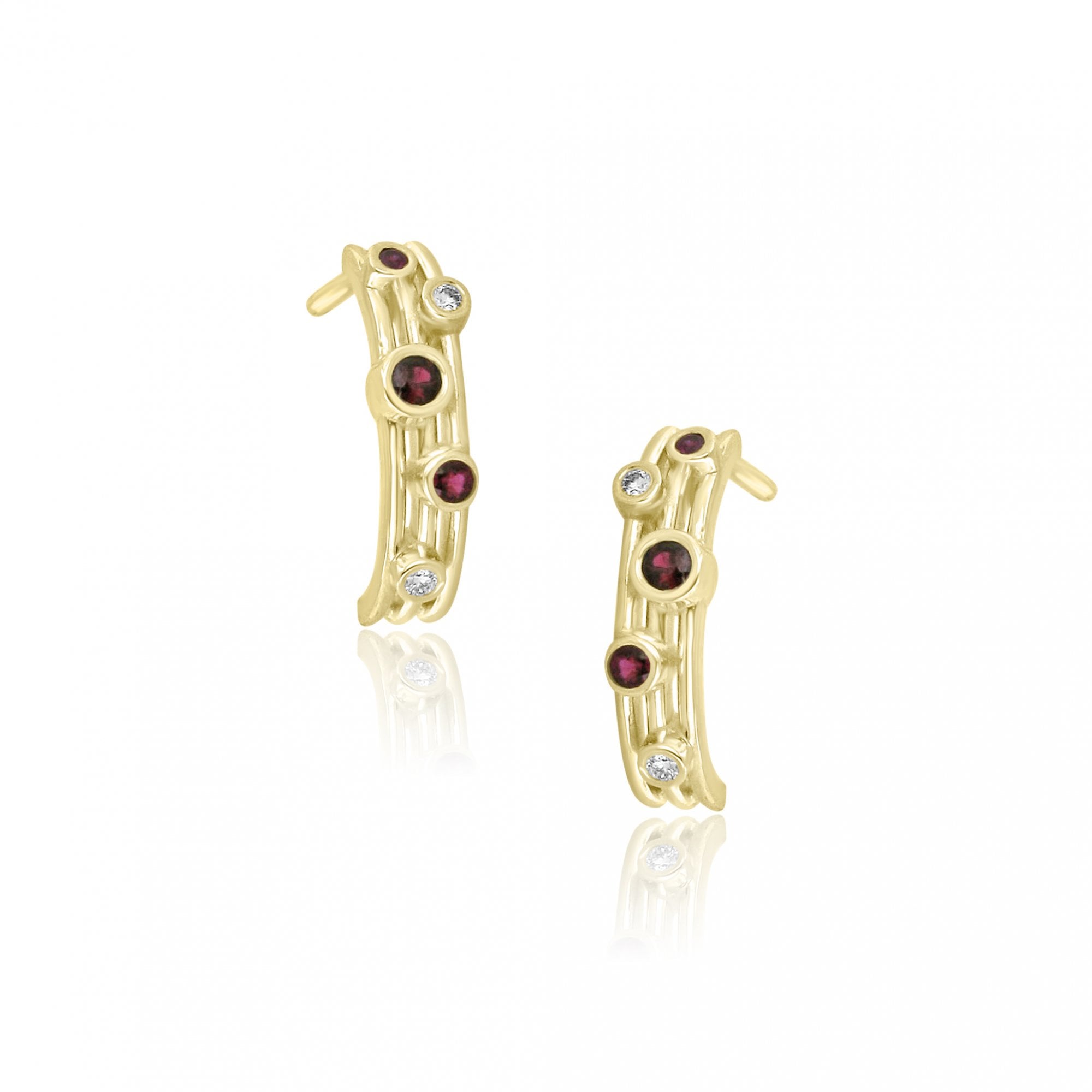 18ct Yellow Gold Half Hoop Stud Earrings Bezel Set With Rubies & Diamonds