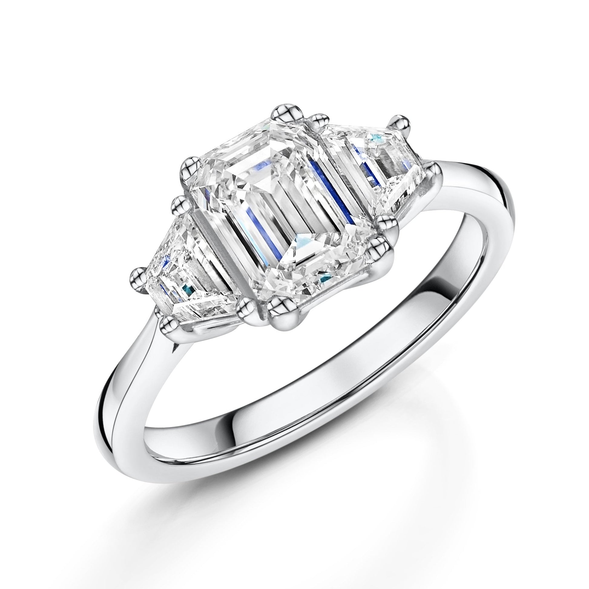 Platinum Emerald Cut Diamond Three Stone Ring 1.51ct with Trapezoid Diamonds