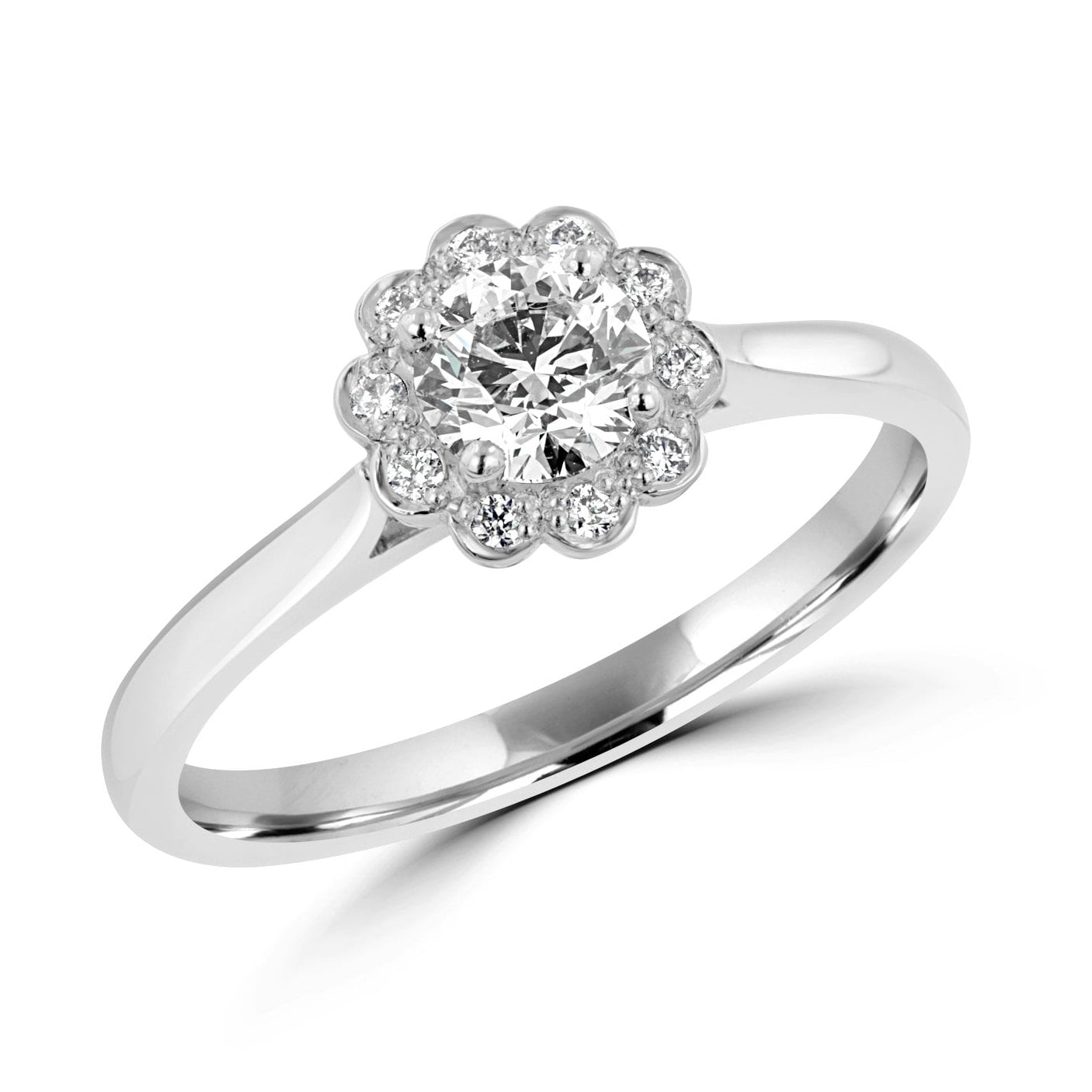 Platinum Diamond Halo Engagement Ring With a GIA E Colour Half Carat Centre