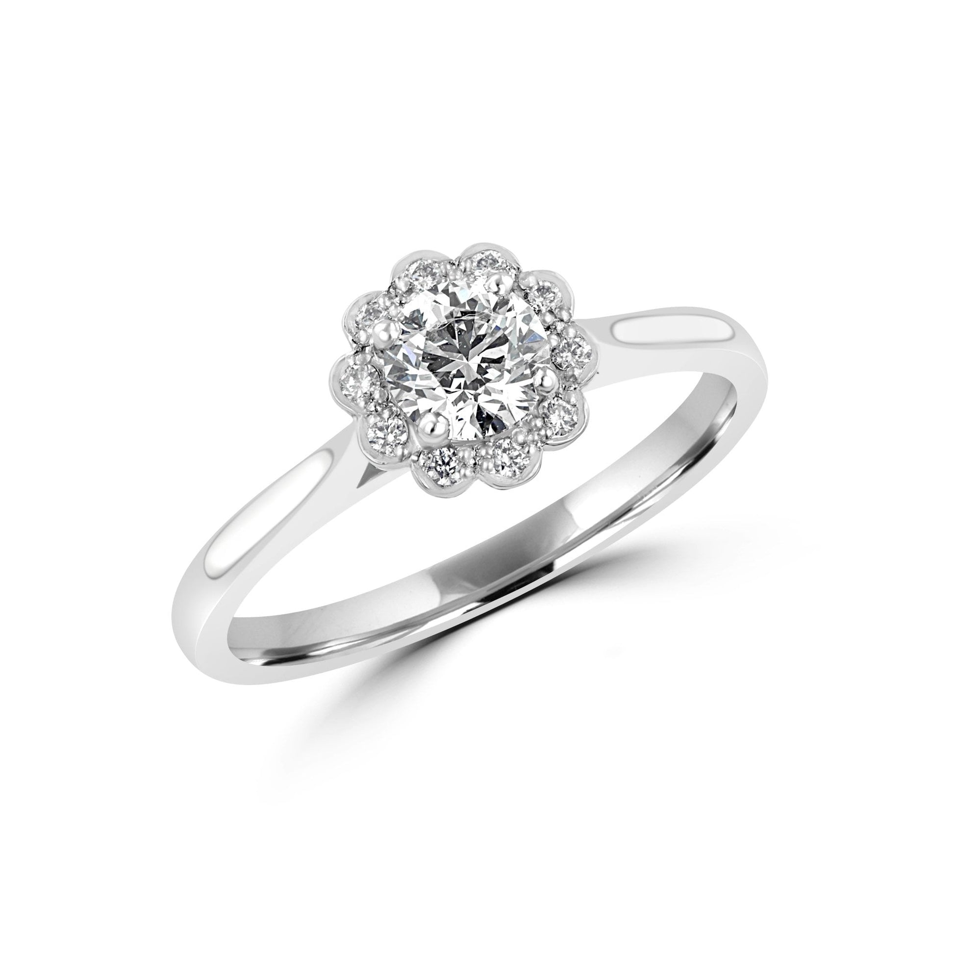 Platinum Diamond Halo Engagement Ring With a GIA E Colour Half Carat Centre