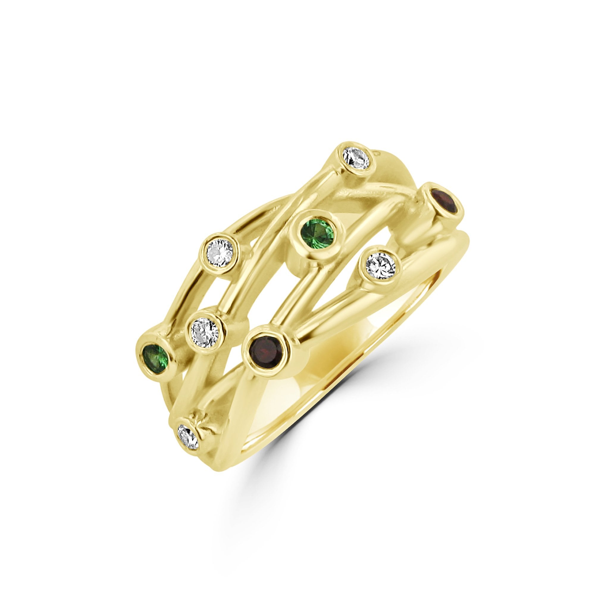 9ct Yellow Gold Multi Strand Cascata Ring With Diamonds And Tsavorite & Red Garnets