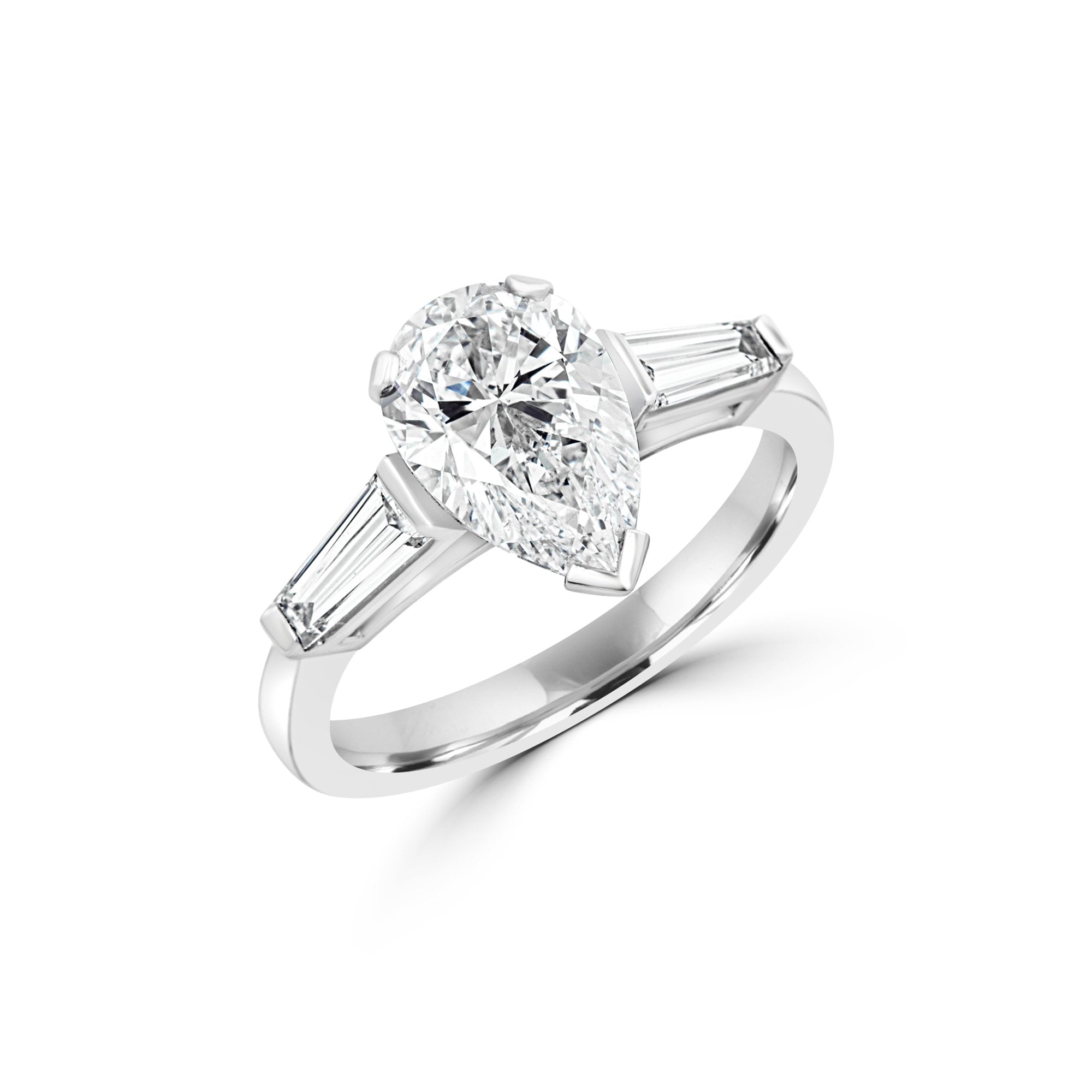 Platinum Two Carat Pear Diamond Ring With a Baguette Diamond Each Side