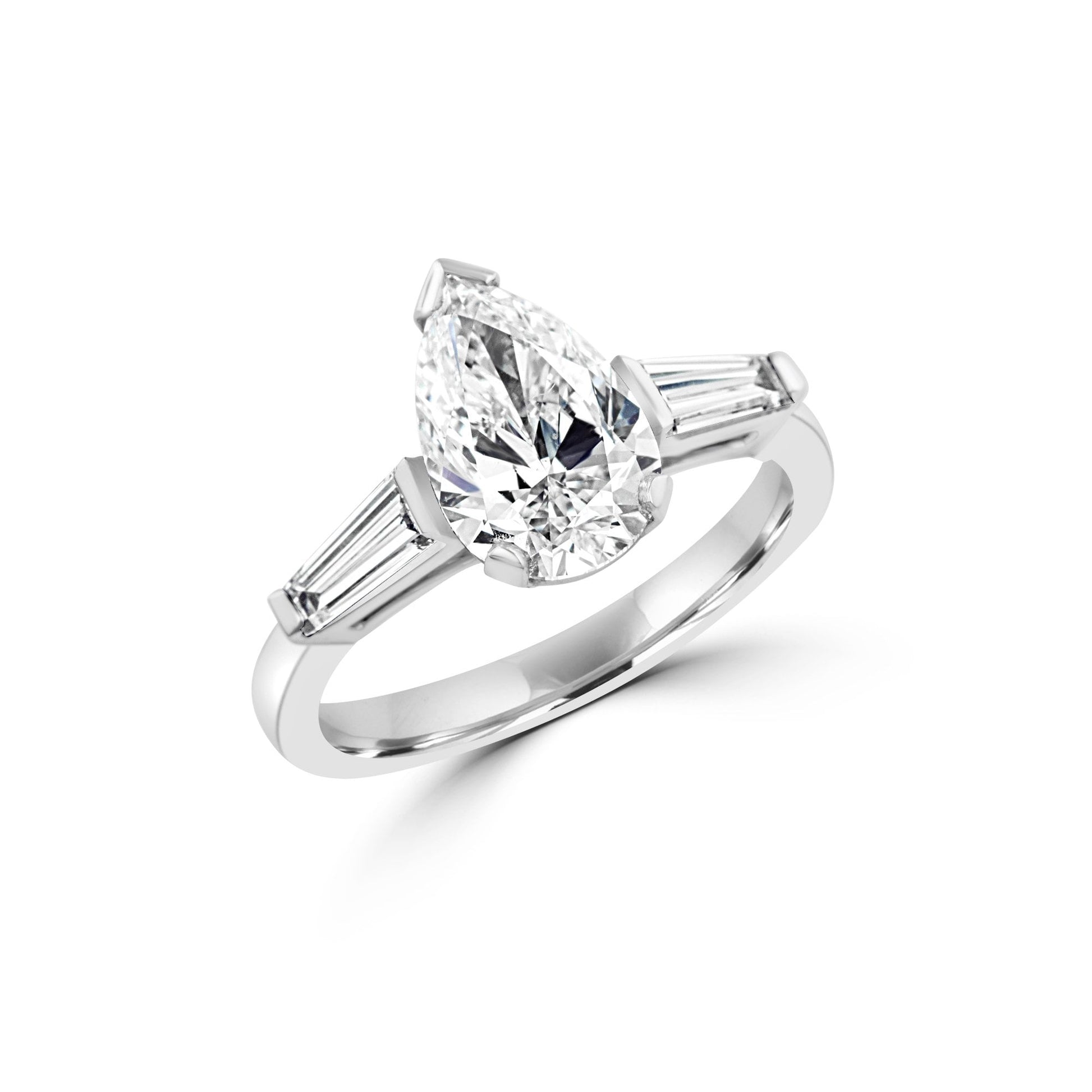Platinum Two Carat Pear Diamond Ring With a Baguette Diamond Each Side