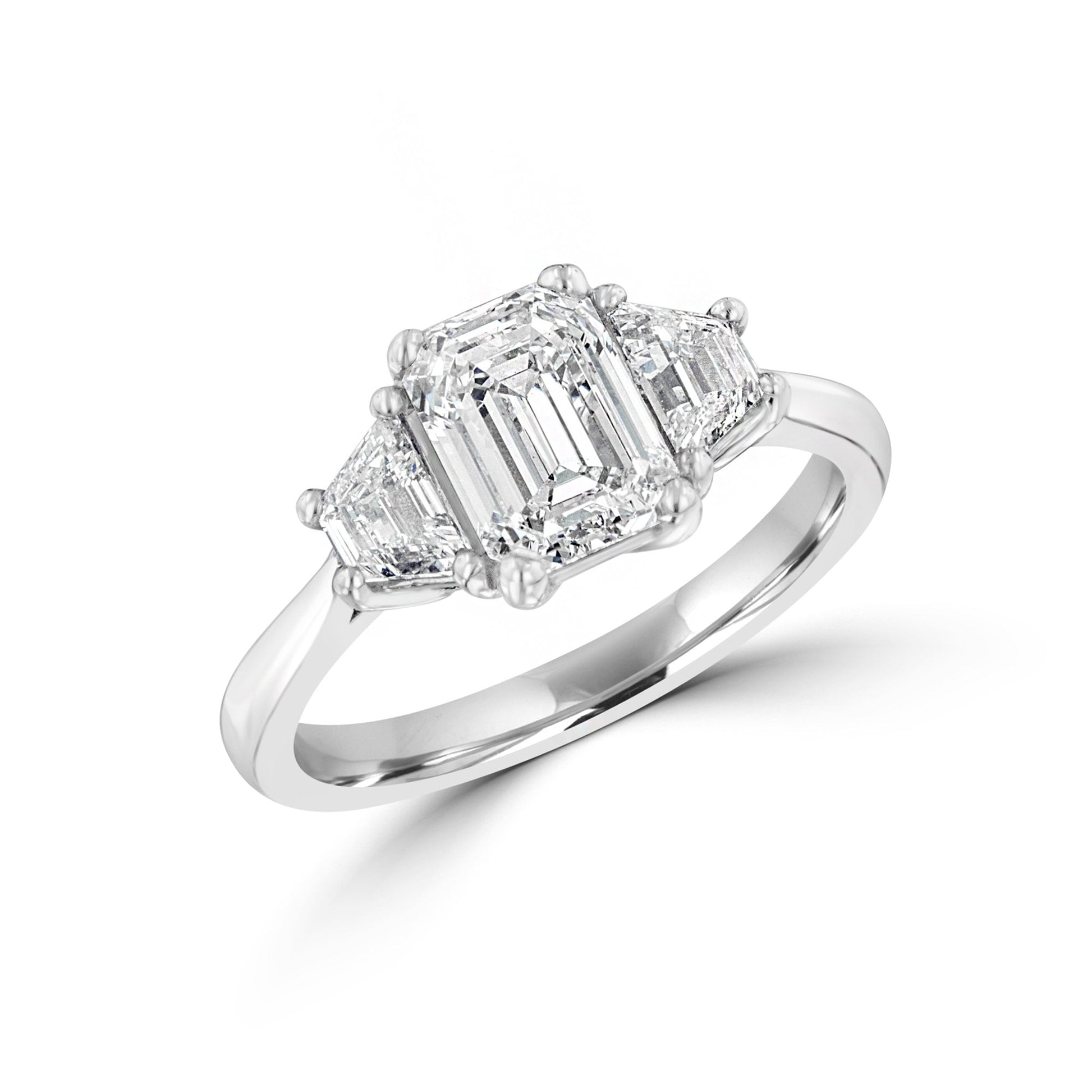Platinum Emerald Cut Diamond Three Stone Ring 1.51ct with Trapezoid Diamonds