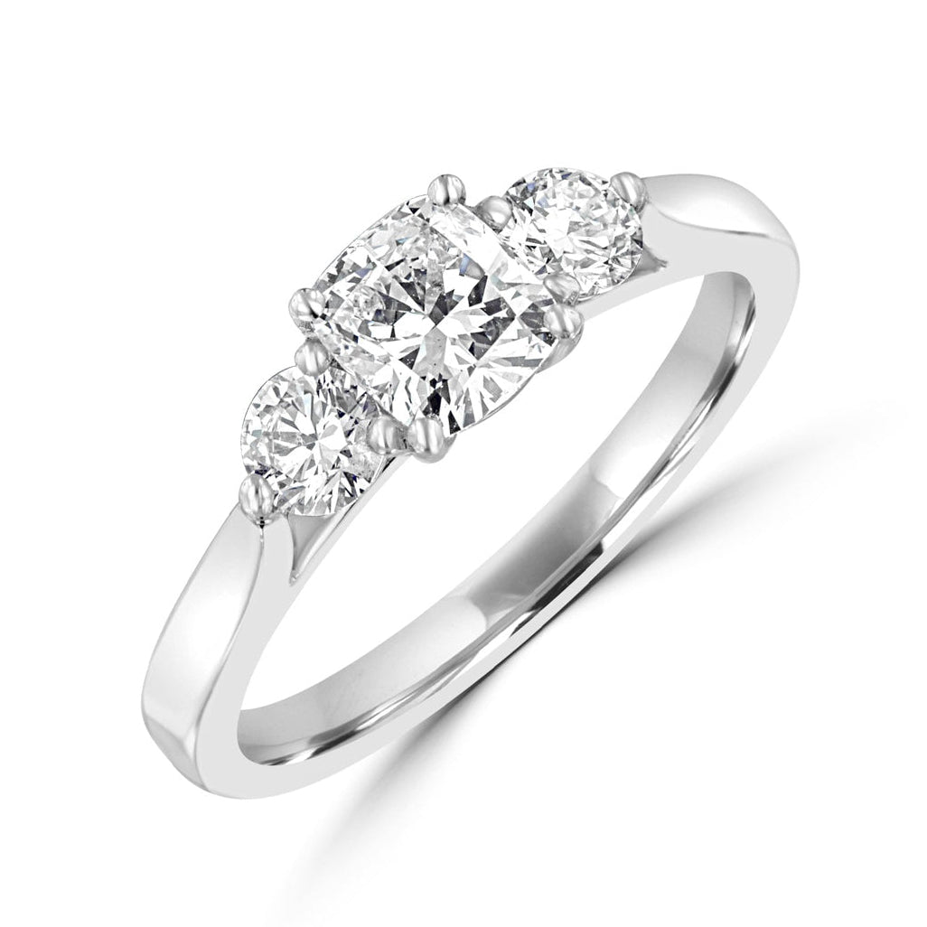 Platinum Trilogy Engagement Ring With Claw Set Cushion Cut Centre Stone And Two RBC Diamonds