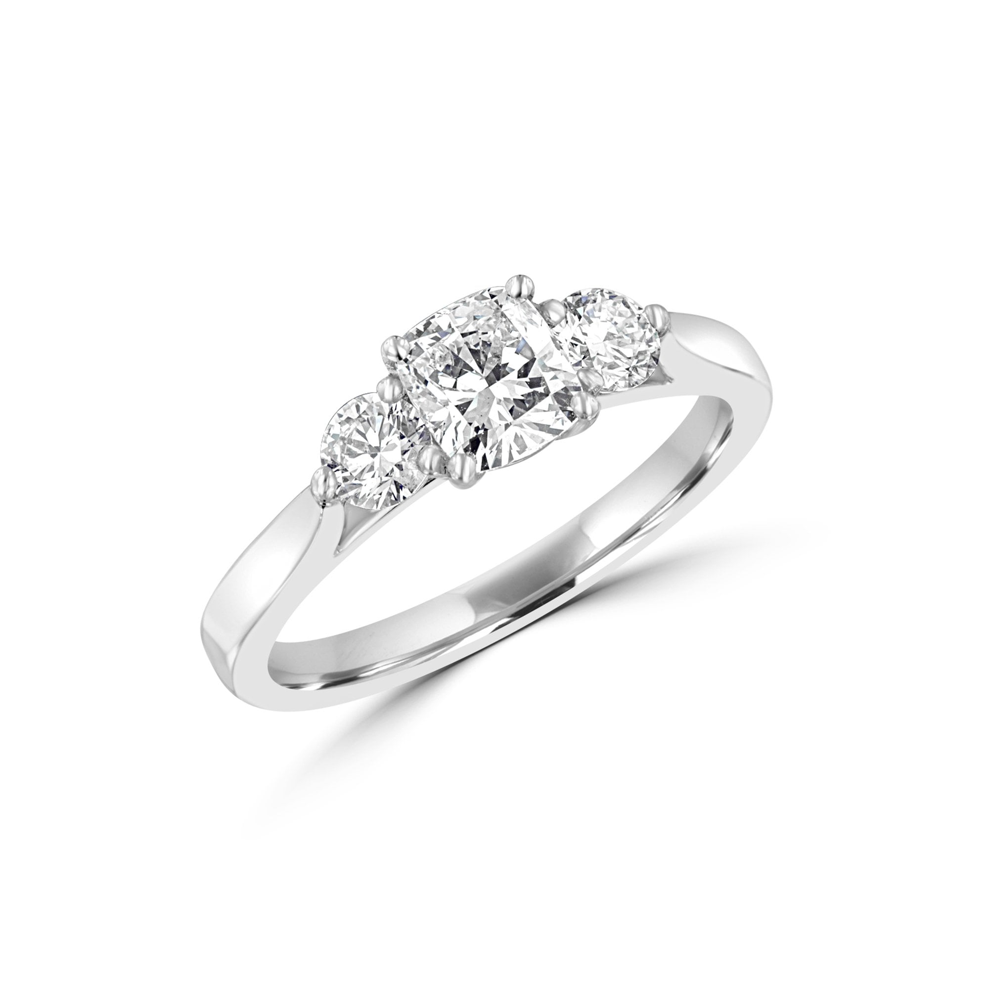 Platinum Trilogy Engagement Ring With Claw Set Cushion Cut Centre Stone And Two RBC Diamonds