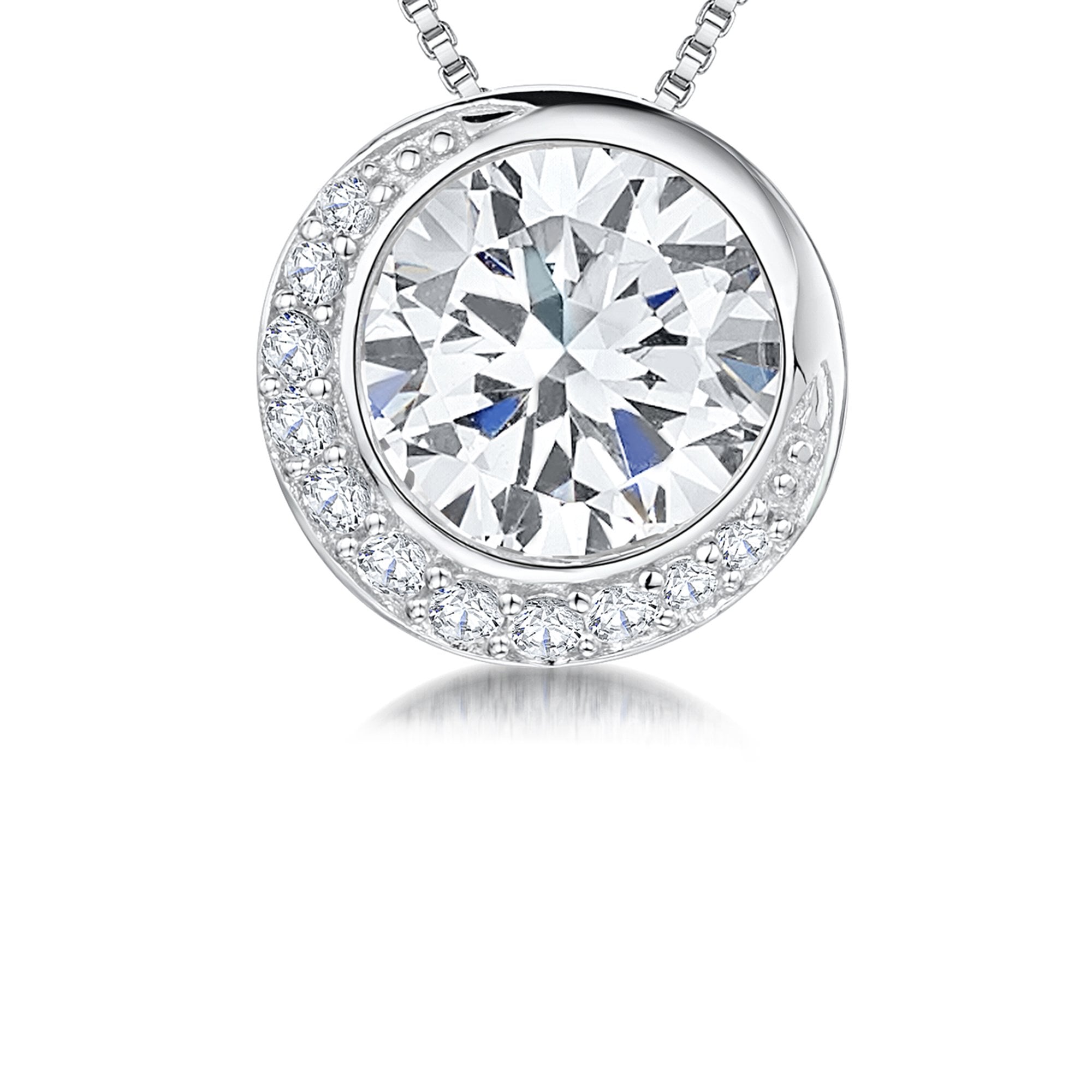 Silver Slider Pendant with Offset Cubic Zirconia with Pave Set Crescent, on an Adjustable Rounded Box Chain