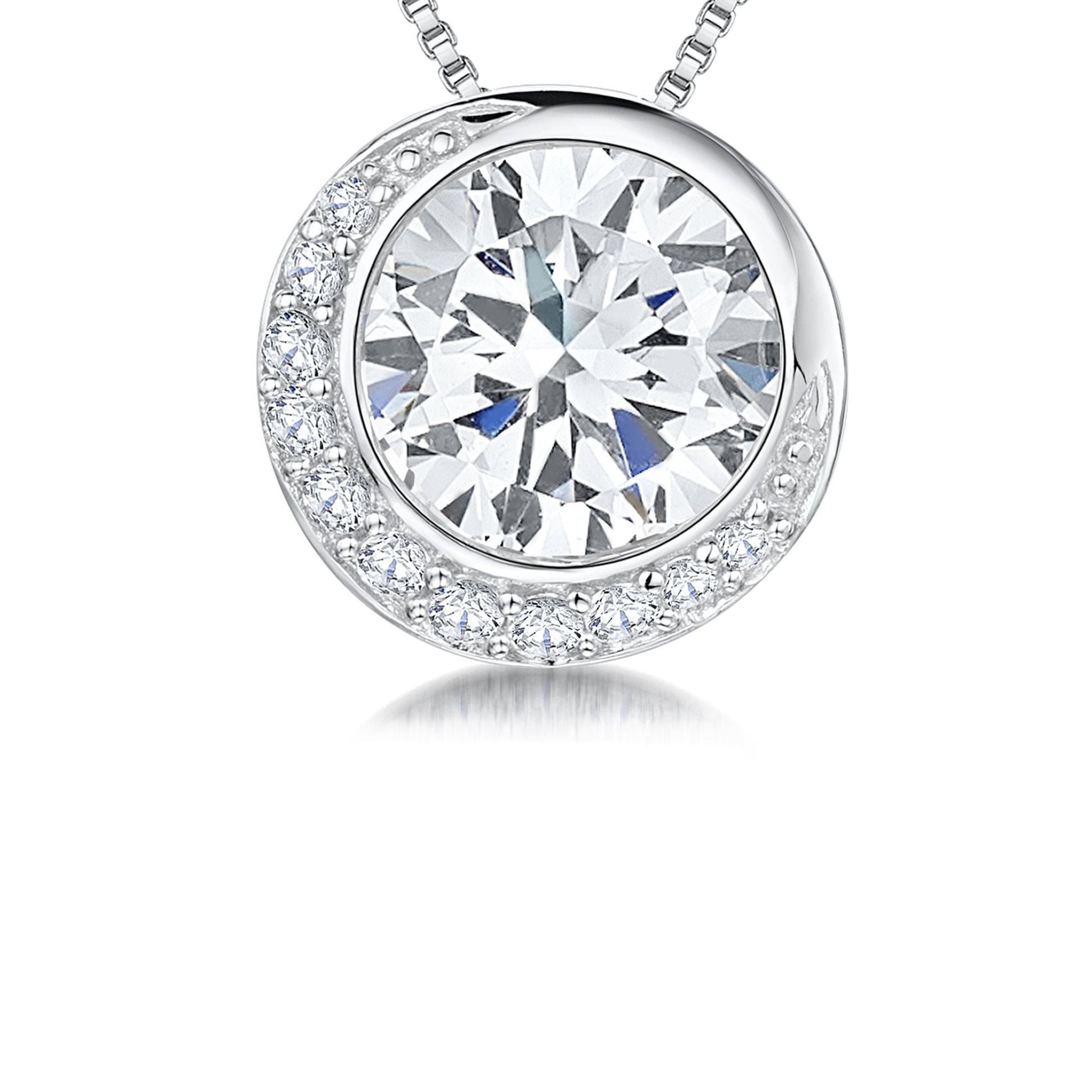 Silver Slider Pendant with Offset Cubic Zirconia with Pave Set Crescent, on an Adjustable Rounded Box Chain